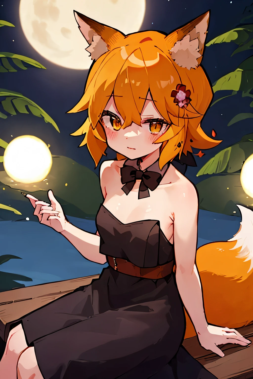 masterpiece, best quality, highly detailed, sen, animal ears, fox ears, fox girl, fox tail, hair flower, hair ornament, orange eyes, orange hair, short hair, tail, blush, looking at viewer, , girl, small breasts, detailed hands, keqing (opulent splendor) (genshin impact), official alternate costume, dress, night, strapless dress, looking at viewer, cleavage, black dress, strapless, bare shoulders, bangs, bow, detached collar, ribbon, double bun, two-tone dress, hair ornament, black bow, hair ribbon, blue dress, bowtie, sitting on bench