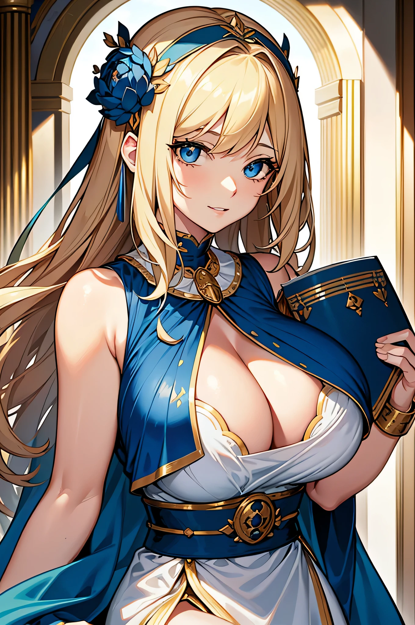 (high-quality, breathtaking),(expressive eyes, perfect face) 1girl, girl, solo, adult, blonde hair, blue coloured eyes, stylised hair, gentle smile, medium length hair, loose hair, side bangs, curley hair, really spiky hair, looking at viewer, portrait, ancient greek clothes, blue black and white tunic, white Chlamys, sleeveless, greek, blue and gold sash, music inspired background, related to Orpheus, F cup size breasts, massive , hair accessory blue