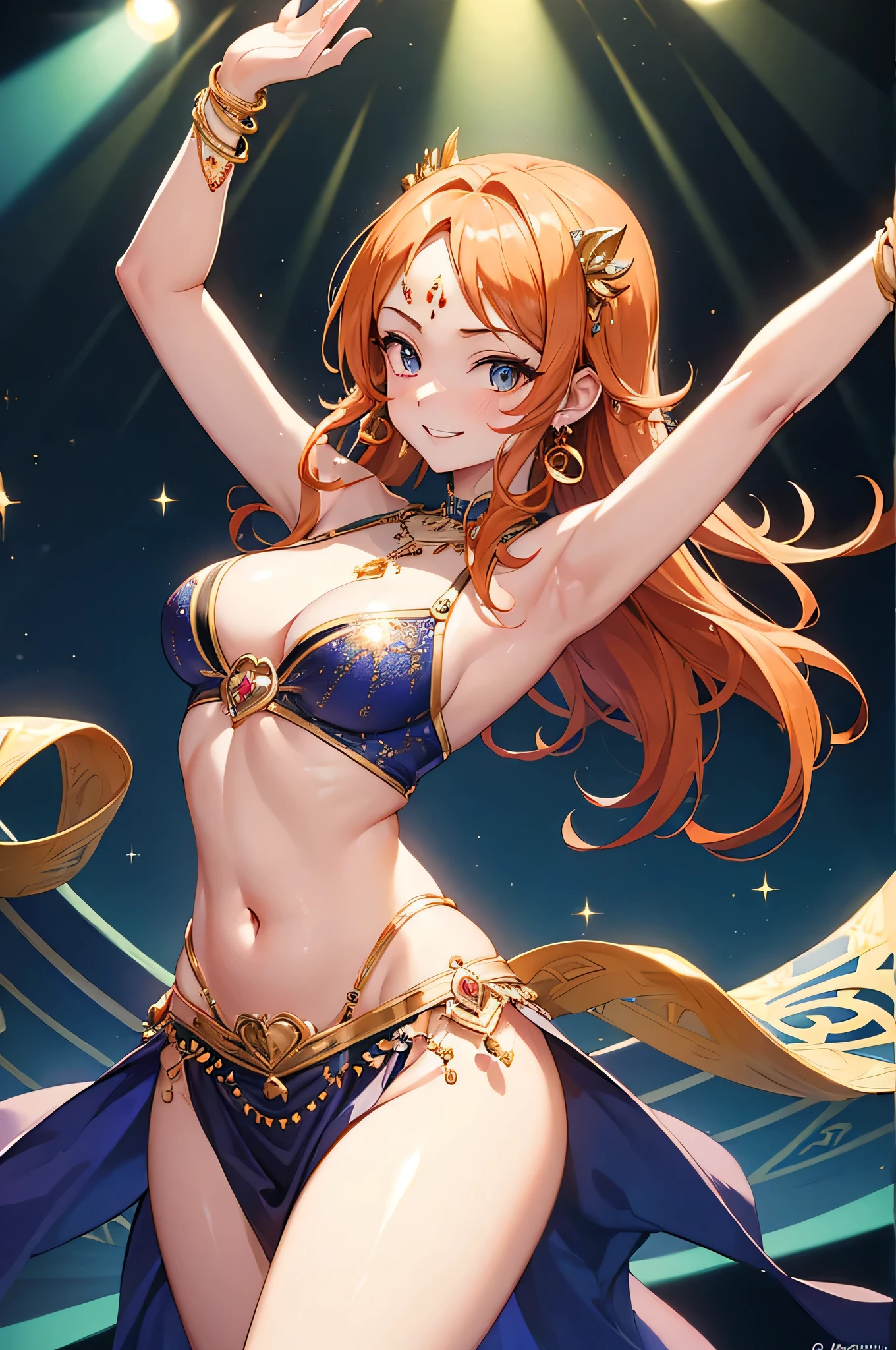 Happy, embarrassing, masterpiece, ((Super detailed)), high quality, 4k, (perfect hands ), ((detailed beautiful eyes)), 1 girl, alone, gymnast body, thin waist, wide hips, curvy thighs, smile, Happy, embarrassing, Bright colors, particles of light, , ,、,we \(one piece\), orange hair, earrings, long hair, shoulder tattoo, ((Belly Dance Costumes)), jewelry, earrings, bracelet, necklace ,belly button, transparent clothes,smile, She started dancing seductively to the music.,twerk,raise your arms,armpit, exotic dance hall