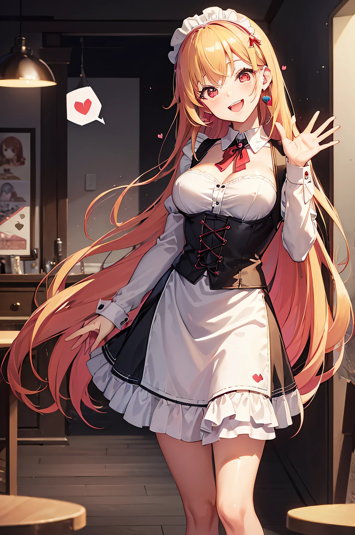 [Dress-up doll series Cafe Marine-chan] (masterpiece, highest quality), (absurd absolute solution), (8K), (detailed beautiful face and eyes), (Detail view), (super detailed illustrations), (Bright colors), (professional lighting), nice hands, perfectionな手, break 

(throw, head tilt, spoken heart, wave hands:1.5), break 

(My dress up darling style), (Marin Kitagawa), 1 girl, alone, (red eyes, long blonde hair, colorful hair, tsurime:1.5), shiny hair, flowing bangs, (Big eyes, Big eyes:1.2), long eyelashes, Cherry pink lips, cherry pink long nails, (shiny skin, skinny, slender body:1.4), break 

(happy laughter:1.4), blush, silver earrings, ear piercing, (Princess Maid, maid headband:1.2), break 

(daytime, indoors:1.3), (particles of light:1.3), (maid Cafe, antique interior, lots of cute posters, perfection, crowd:1.3), (Nice views), (cinematic lighting), (Bokeh), more prism