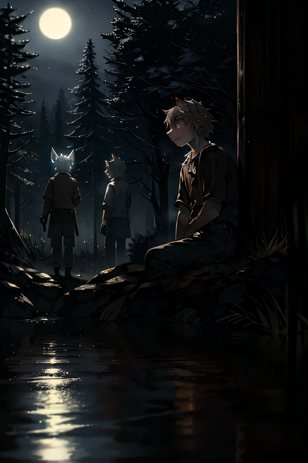Realistic Movie Quality, Night Scene, Three Boys, Shovels in Hand, Digging a Grave, Detailed Shadows, Realistic Sweat Droplets, Shabby Clothing, Dirt on Faces, solemn expressions, Dense Fog, Full Moon, Dead Body, Discreetly Burying, Dark Soil, Realistic Textures, Shovels Sinking into Ground, Focused, Concentrated, In the Distance, Trees Whispering, Moonlight Reflecting on Water, Serene Atmosphere, Suspenseful Music, Realistic Depth of Field, Boys' Determined Eyes, Glowing Ears