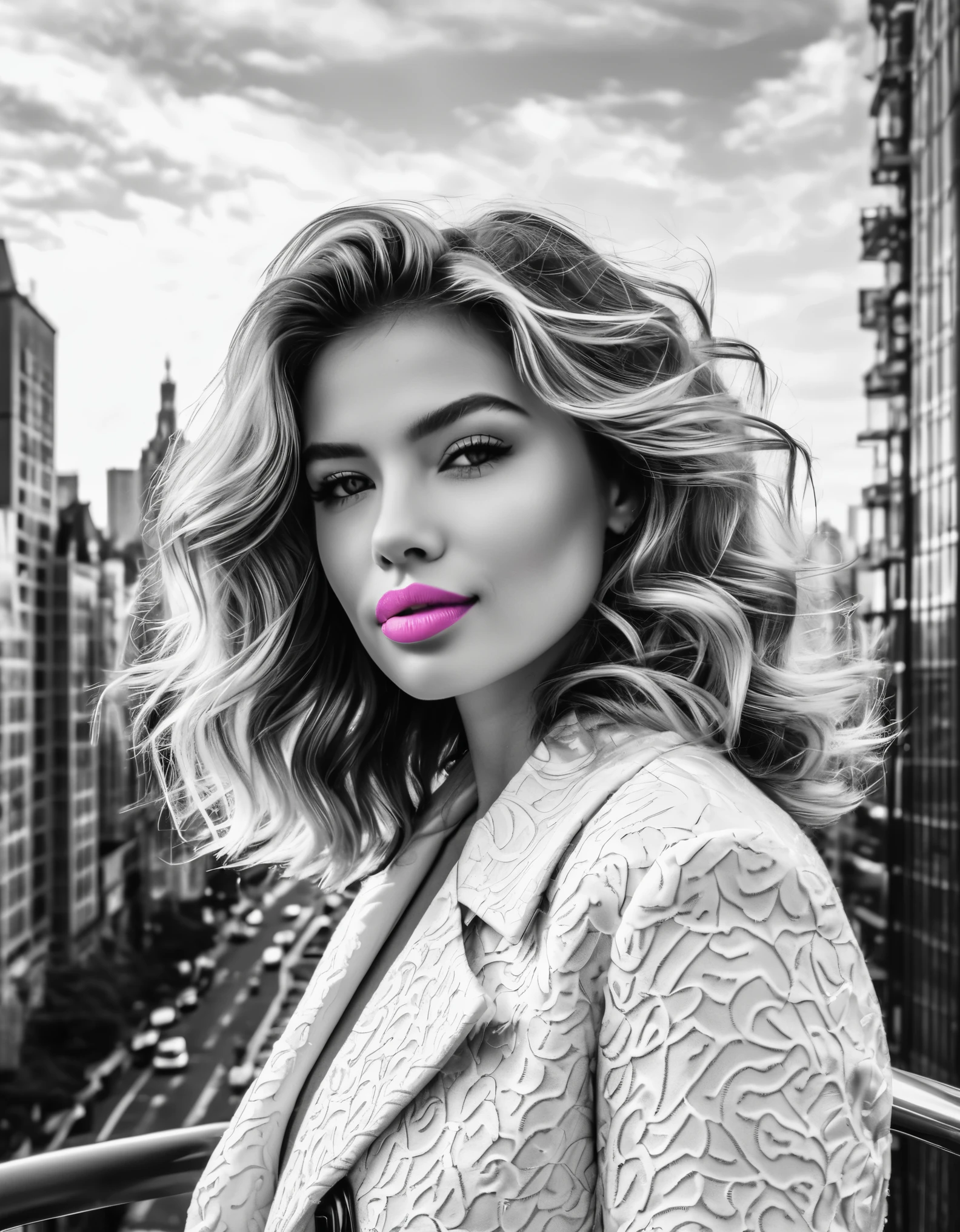 A confident woman with tousled waves and a soft pink lip color, posing before a monochrome cityscape backdrop, enhanced by fractal details.