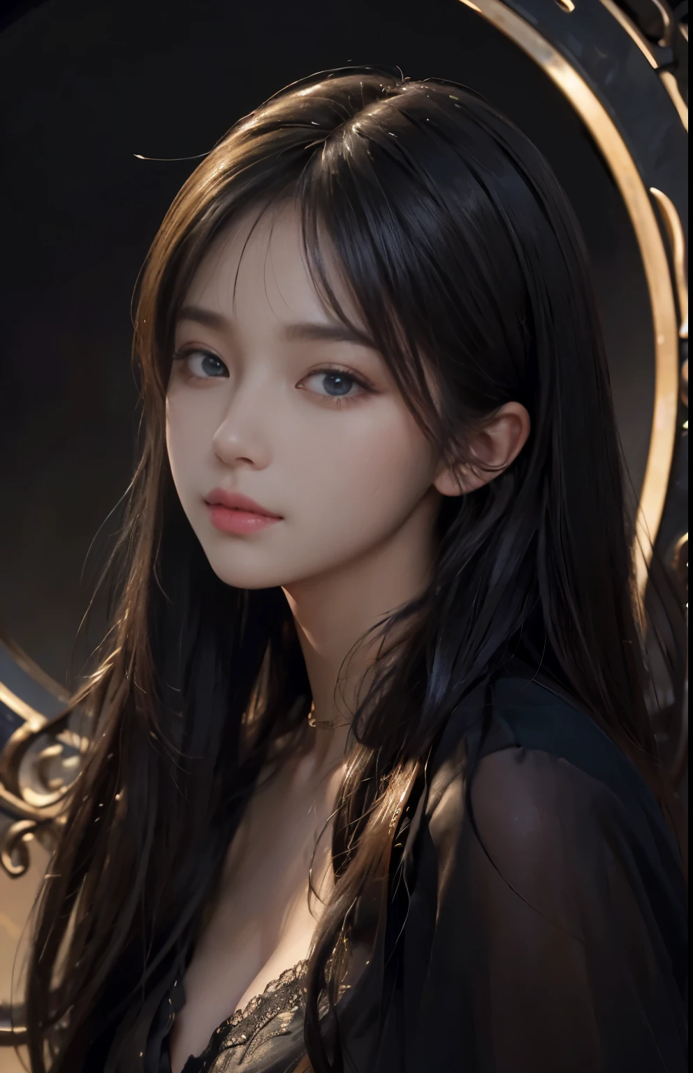 (Hyper-realistic) , (illustratio), (Increase the resolution), (8K), (extremely detaile), (Most Best Illustration), (Beautiful and delicate eyes), (best qualtiy), (ultra - detailed), (masterpiece), ( the wallpaper), (Detailed face), solo, looking at viewert, exquisite detailing, Detailed face, in the darkness nigth, deep shading, low tune,pureerosfaceace_V1, ssmile,long straight hair,Black shawl, 46 points oblique bangs,plump breasts