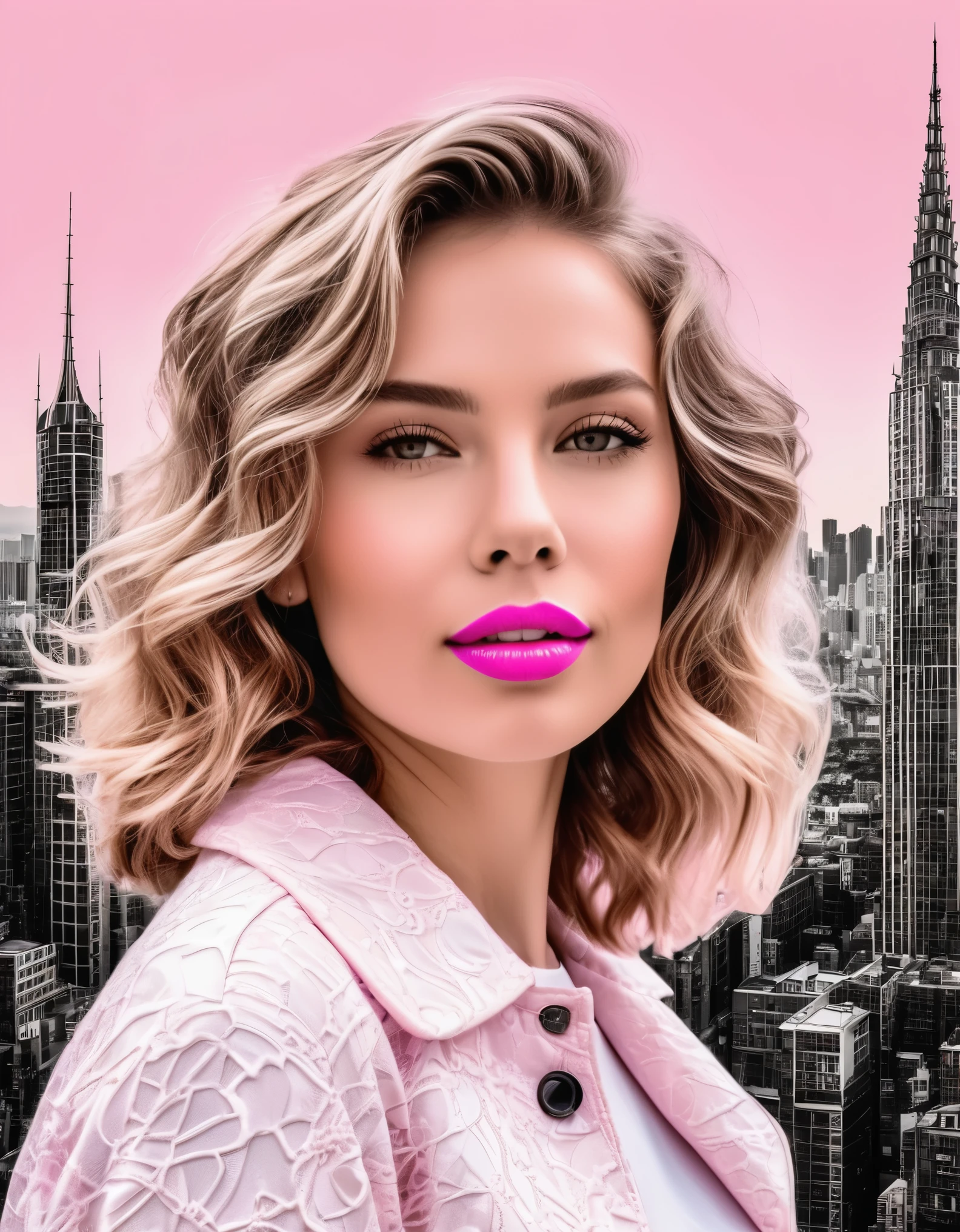 A confident woman with tousled waves and a soft pink lip color, posing before a monochrome cityscape backdrop, enhanced by fractal details.