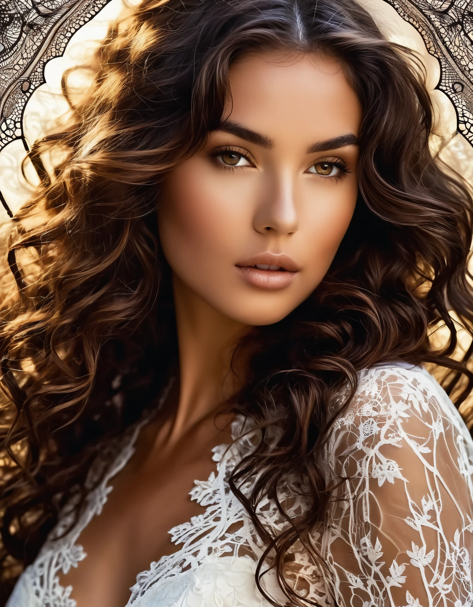A mysterious beauty with dark, wavy locks and a smoldering stare, framed by delicate lace patterns and fractal designs.