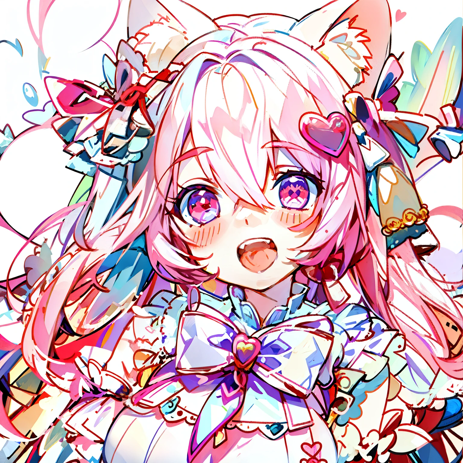 Masterpiece,Best quality, White background, (10:1girll), (10:One guy), Very long hair, White and pink hair , Love decoration , Multiple cyan and pink bows, White and pink pair of cat ears , Cyan eyes , Look straight ahead , love heart , Pink bow tie , White clothes , 5:Open mouth, 5:teeth