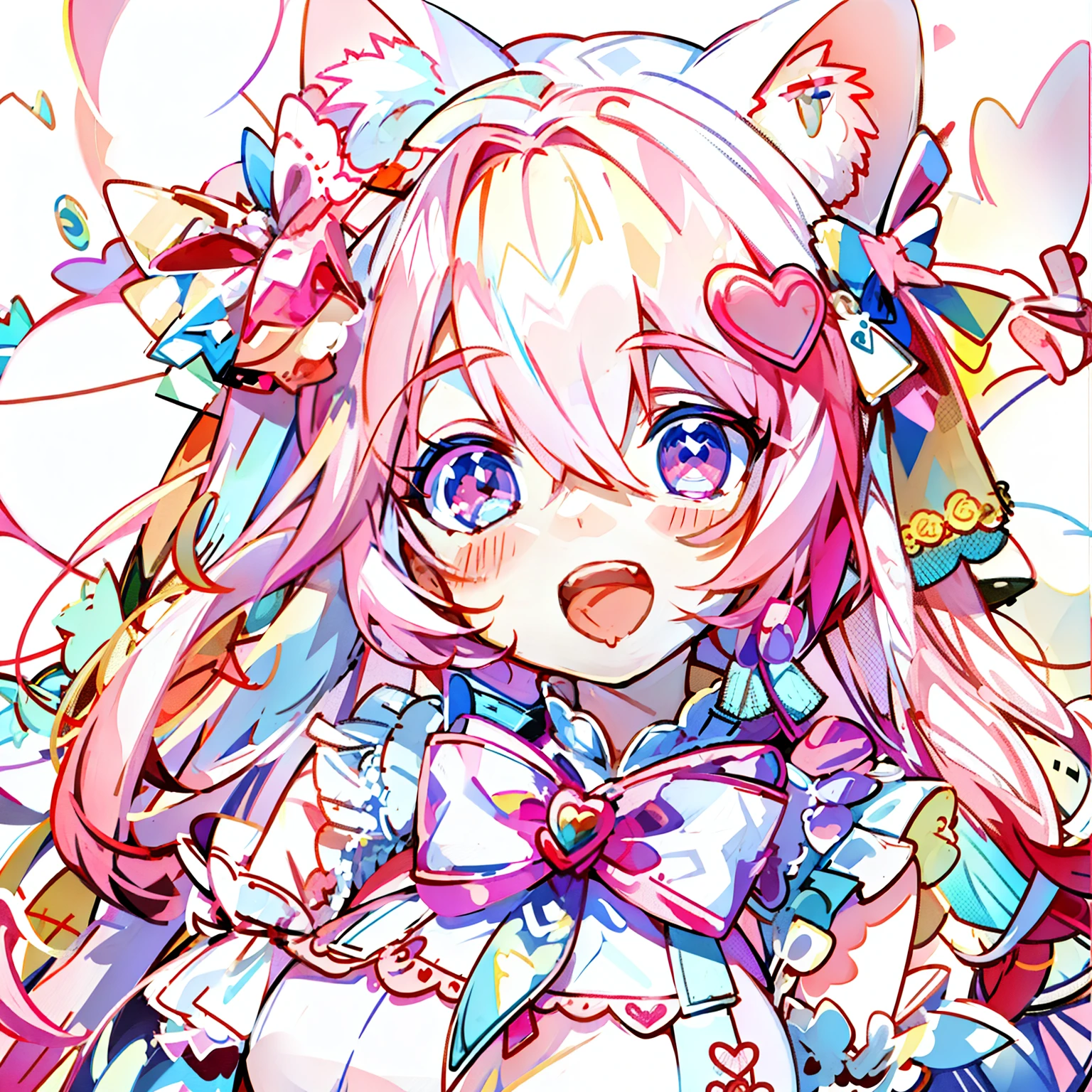 Masterpiece,Best quality, White background, (10:1girll), (10:One guy), Very long hair, White and pink hair , Love decoration , Multiple cyan and pink bows, White and pink pair of cat ears , Cyan eyes , Look straight ahead , love heart , Pink bow tie , White clothes , 5:Open mouth, 5:teeth