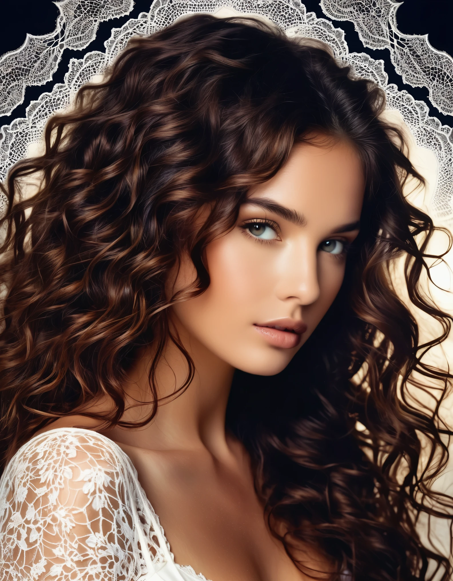 A mysterious beauty with dark, wavy locks and a smoldering stare, framed by delicate lace patterns and fractal designs.