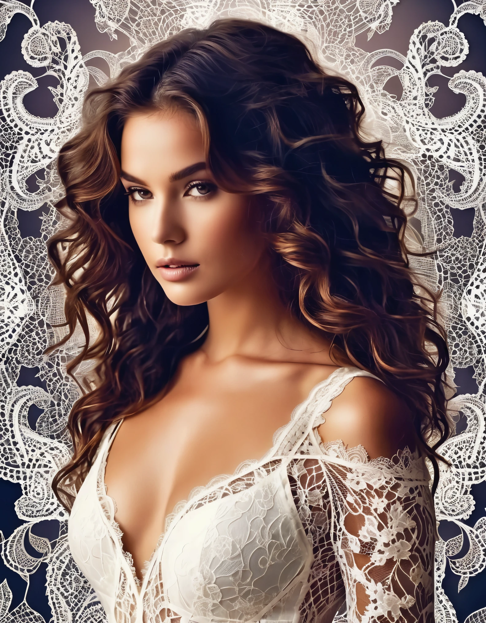 A mysterious beauty with dark, wavy locks and a smoldering stare, framed by delicate lace patterns and fractal designs.
