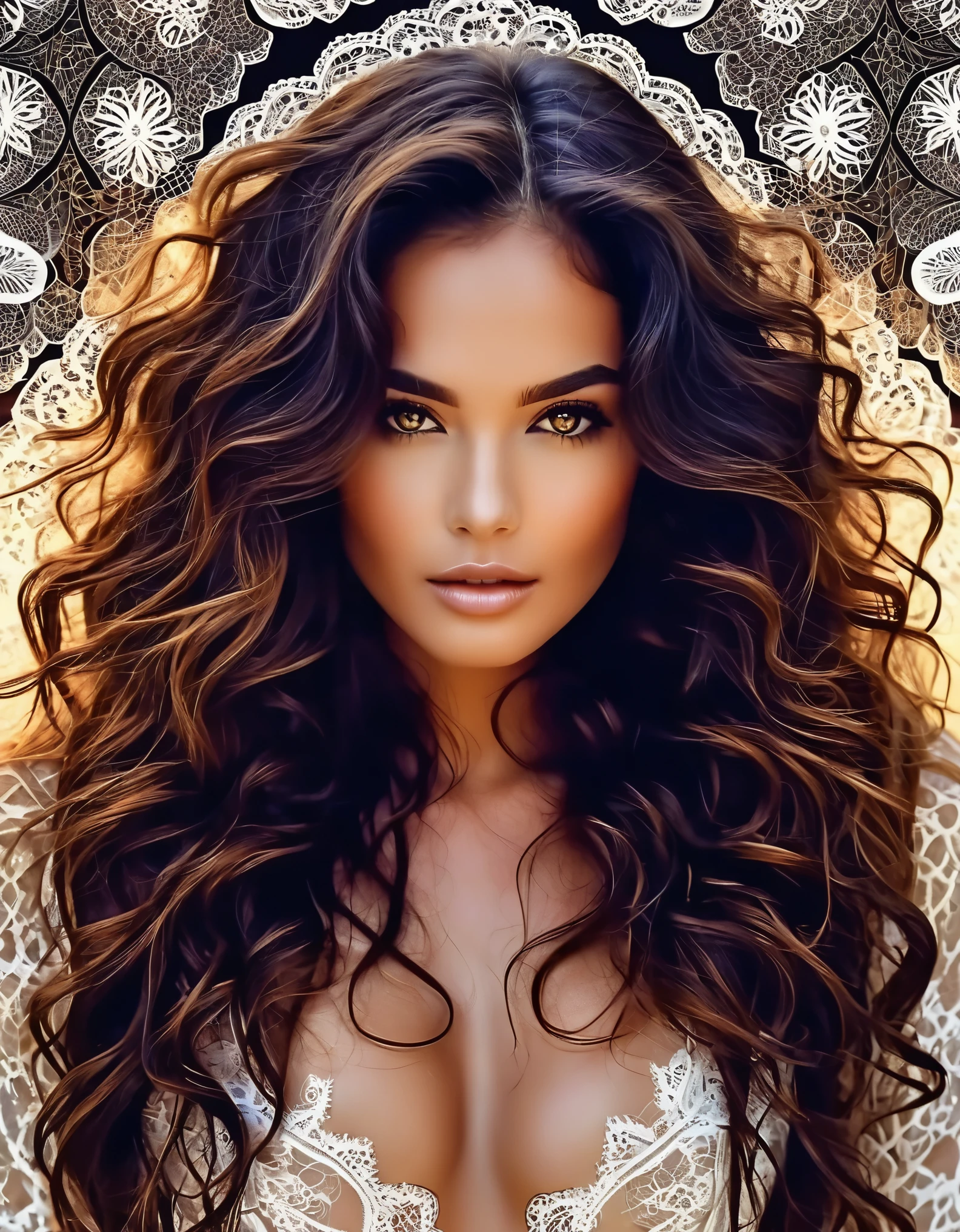 A mysterious beauty with dark, wavy locks and a smoldering stare, framed by delicate lace patterns and fractal designs.