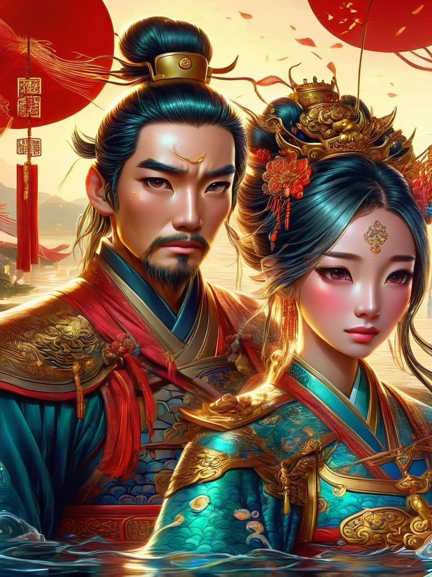Chinese general and beautiful concubine standing by the river，Both of them had tears on their faces，Sadness and crying。((The general holds his sword to his neck:1.5))，despair，((The princess burst into tears beside him))，sad scene，downpour，Emphasizing the extent of their tragedy and the emotional depth of their farewells，traditional Chinese attire, and emotional expressions should all contribute to a vivid portrayal of their tearful, heartbreaking moment.