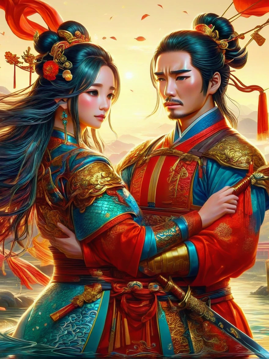 Chinese general and beautiful concubine standing by the river，Both of them had tears on their faces，Sadness and crying。((The general holds his sword to his neck:1.5))，despair，((The princess burst into tears beside him))，sad scene，downpour，Emphasizing the extent of their tragedy and the emotional depth of their farewells，traditional Chinese attire, and emotional expressions should all contribute to a vivid portrayal of their tearful, heartbreaking moment.