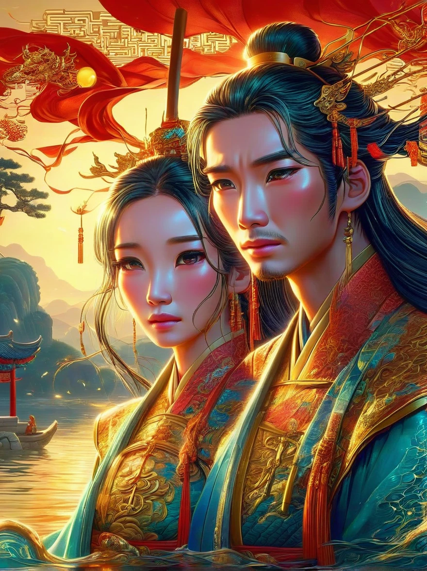 Chinese general and beautiful concubine standing by the river，Both of them had tears on their faces，Sadness and crying。((The general holds his sword to his neck:1.5))，despair，((The princess burst into tears beside him))，sad scene，downpour，Emphasizing the extent of their tragedy and the emotional depth of their farewells，traditional Chinese attire, and emotional expressions should all contribute to a vivid portrayal of their tearful, heartbreaking moment.