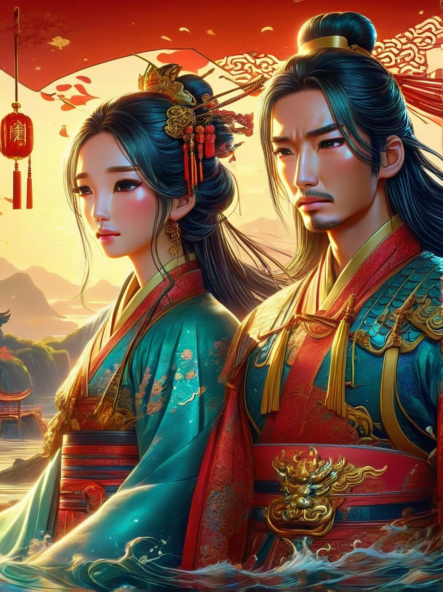 Chinese general and beautiful concubine standing by the river，Both of them had tears on their faces，Sadness and crying。((The general holds his sword to his neck:1.5))，despair，((The princess burst into tears beside him))，sad scene，downpour，Emphasizing the extent of their tragedy and the emotional depth of their farewells，traditional Chinese attire, and emotional expressions should all contribute to a vivid portrayal of their tearful, heartbreaking moment.