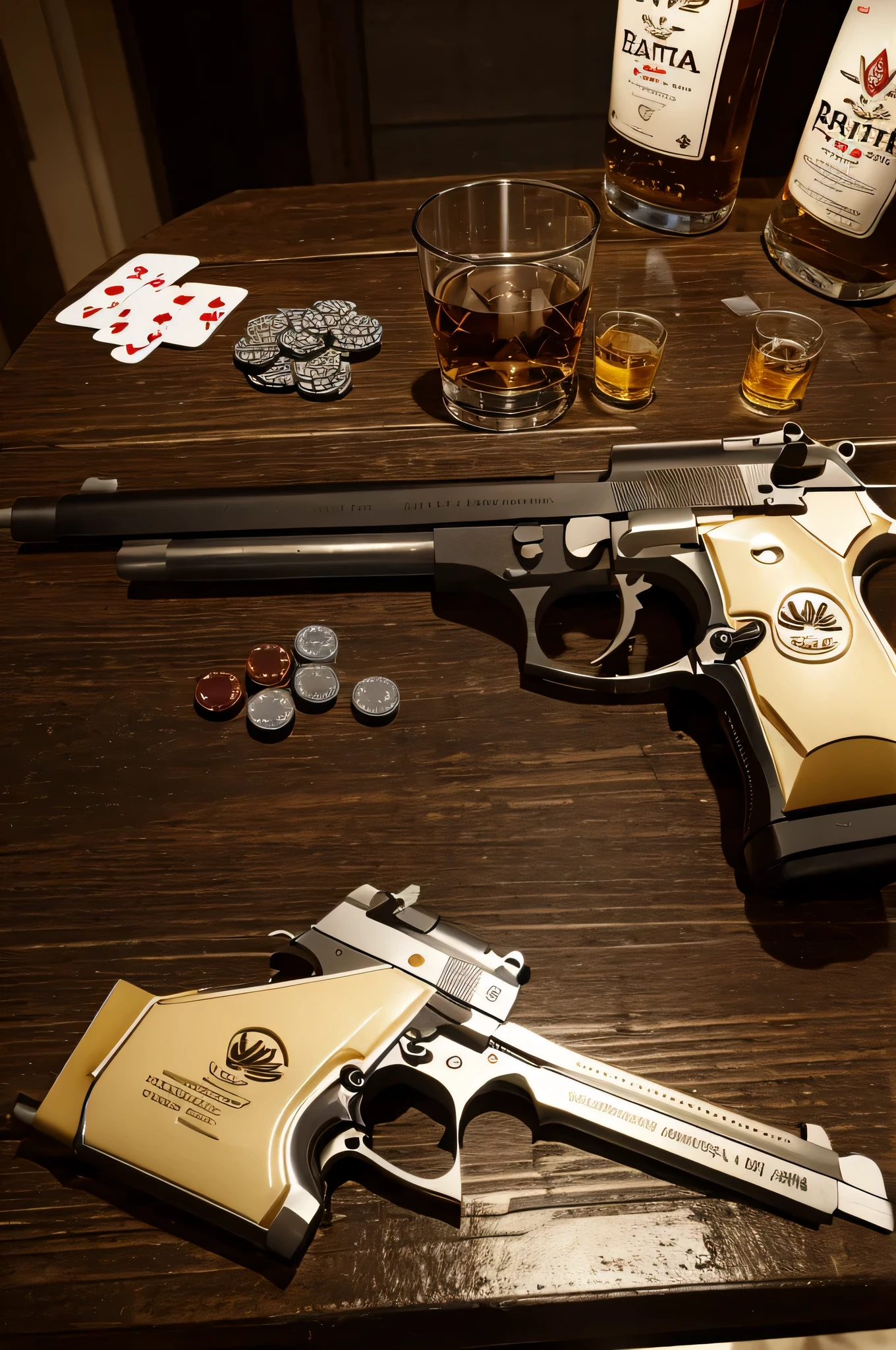 beretta 92fs, revys_cutlass, on table, slide_back, slide_locked_back, deck of playing cards, ash tray, glass of whiskey