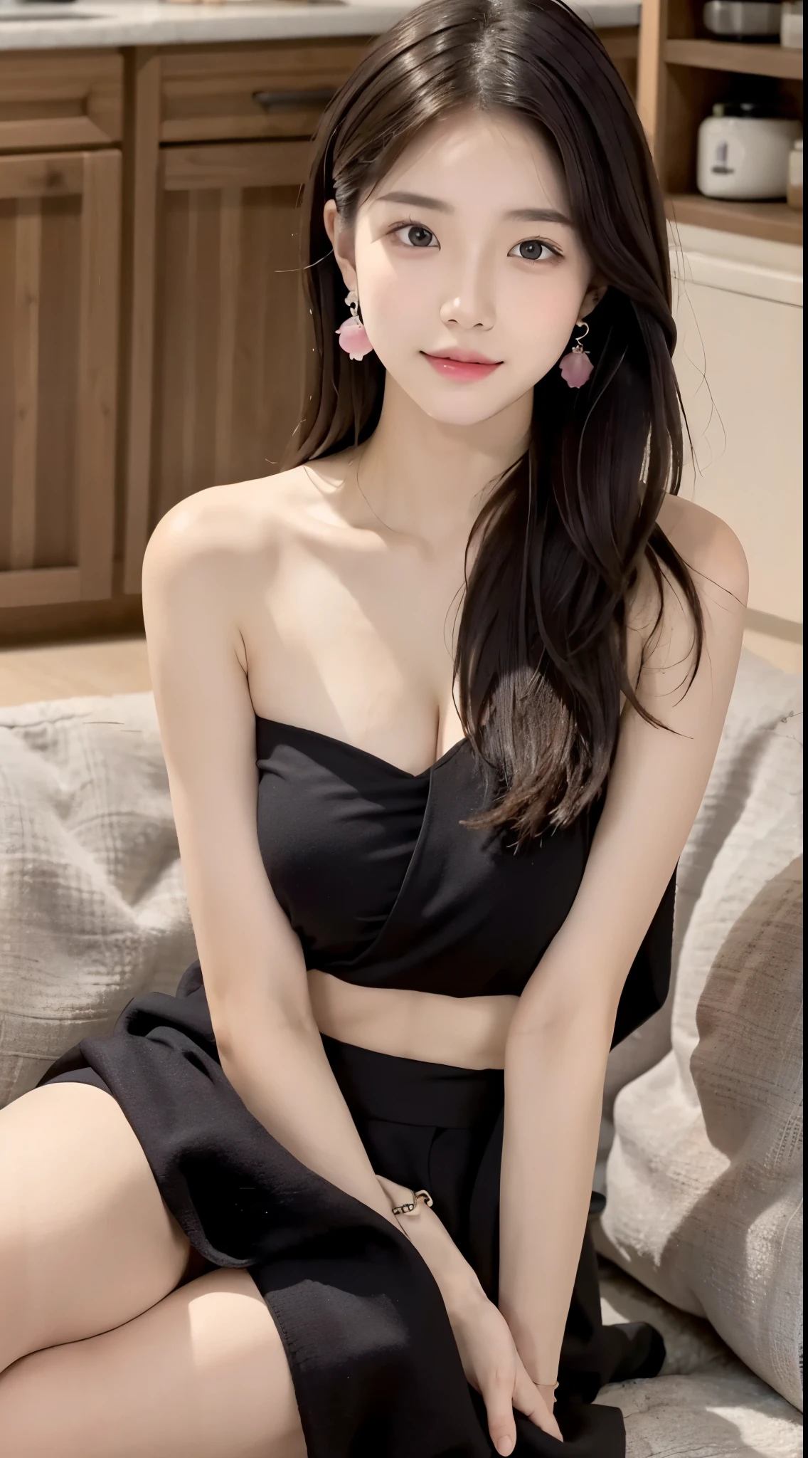 highest quality, masterpiece, 8k, ultra high resolution, (realistic: 1.4), 1 girl, beautiful face, symmetrical eyes, big, perfect body proportions, Detailed facial depiction, Detailed explanation of eyes, brown hair(long wavy hair),beautiful korean girl, 21 years old,naked apron、bare chest, because I&#39;thin, huge cleavage, sit with legs apart, smile, Colorful earrings, necklace,kitchen、