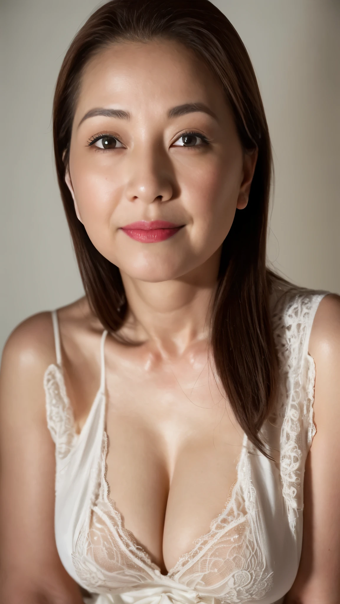 ((highest quality、8K resolution、master masterpiece、professional photography)), Photoreal, (50 year old beautiful mature woman with an idol face:1.3), (wrinkled face:1.2)、upper body photo、(Nude photos from the chest up:1.3)、(pure white background:1.1)、(advertising image:1.1)、wrinkles around the eyes,stand gracefully、plump and soft body、clavicle、(The most elegant and beautiful berry long wavy hair:1.1、(look at me悲しい微笑み:1.2)、(look at me:1.1)、(Beautiful shape big breasts、soft cleavage)、perfect makeupアップ,Dark red lipstick,perfect makeup,eye shadow、long eyelashes、(Super high resolution glossy white skin:1.1)、feelings of love