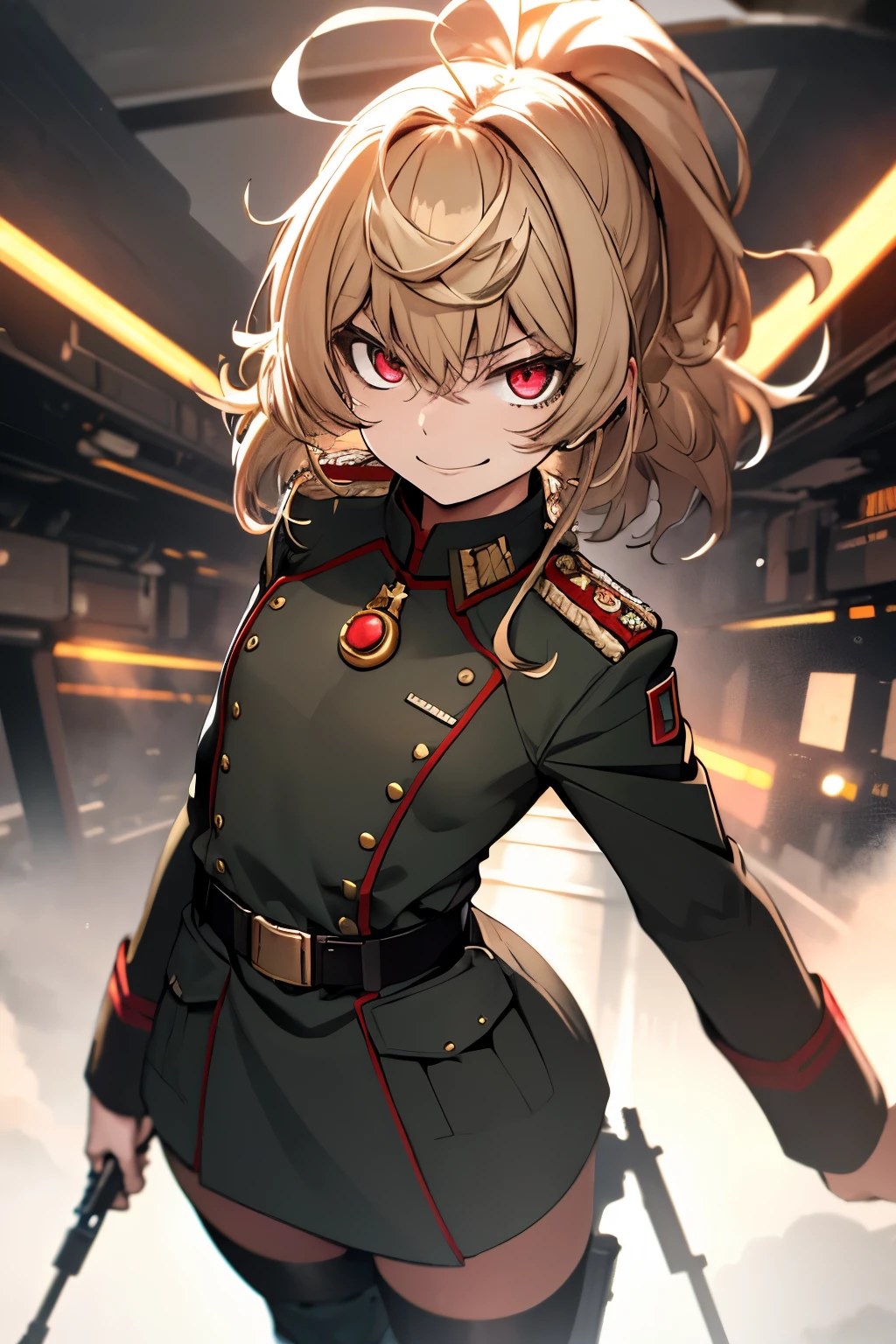 (masterpiece, best quality: 1.1), 1girl solo, tanya, 1girl, solo, , flat chest, small breasts, curvy, military, military uniform, ,, evil smile, wicked expression, anger, red eyes, neutral lighting