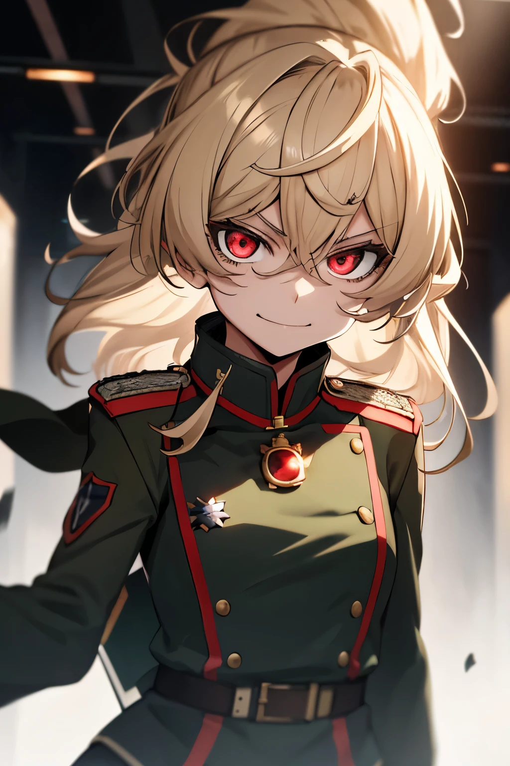 (masterpiece, best quality: 1.1), 1girl solo, tanya, 1girl, solo, , flat chest, small breasts, curvy, military, military uniform, ,, evil smile, wicked expression, anger, red eyes, neutral lighting