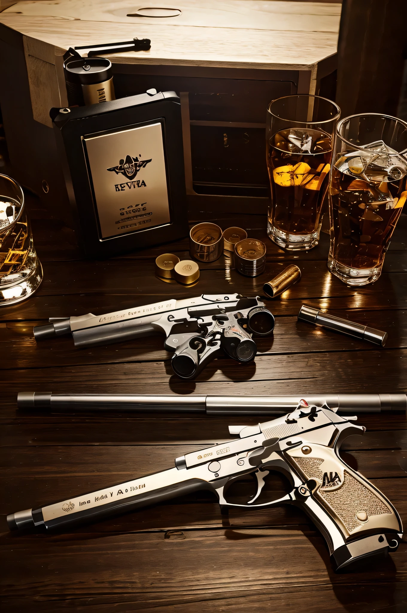 beretta 92fs, revys_cutlass, on table, slide_back, slide_locked_back, deck of playing cards, ash tray, glass of whiskey