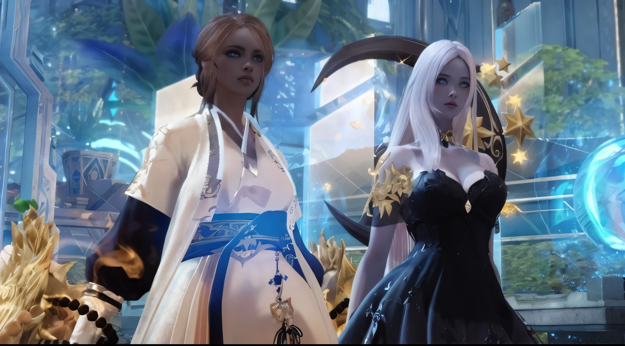 personnages d'anime dressed in costumes standing in front of a window, lunar themed outfit, Dark blue and white dresses, blade and soul, White and gold priestess dresses, asya yoranova et alan lee, fantaisistes complexes, wlop et sakimichan, Gold and white dresses, White and gold dresses, nixeu et sakimichan, robesdes ornées