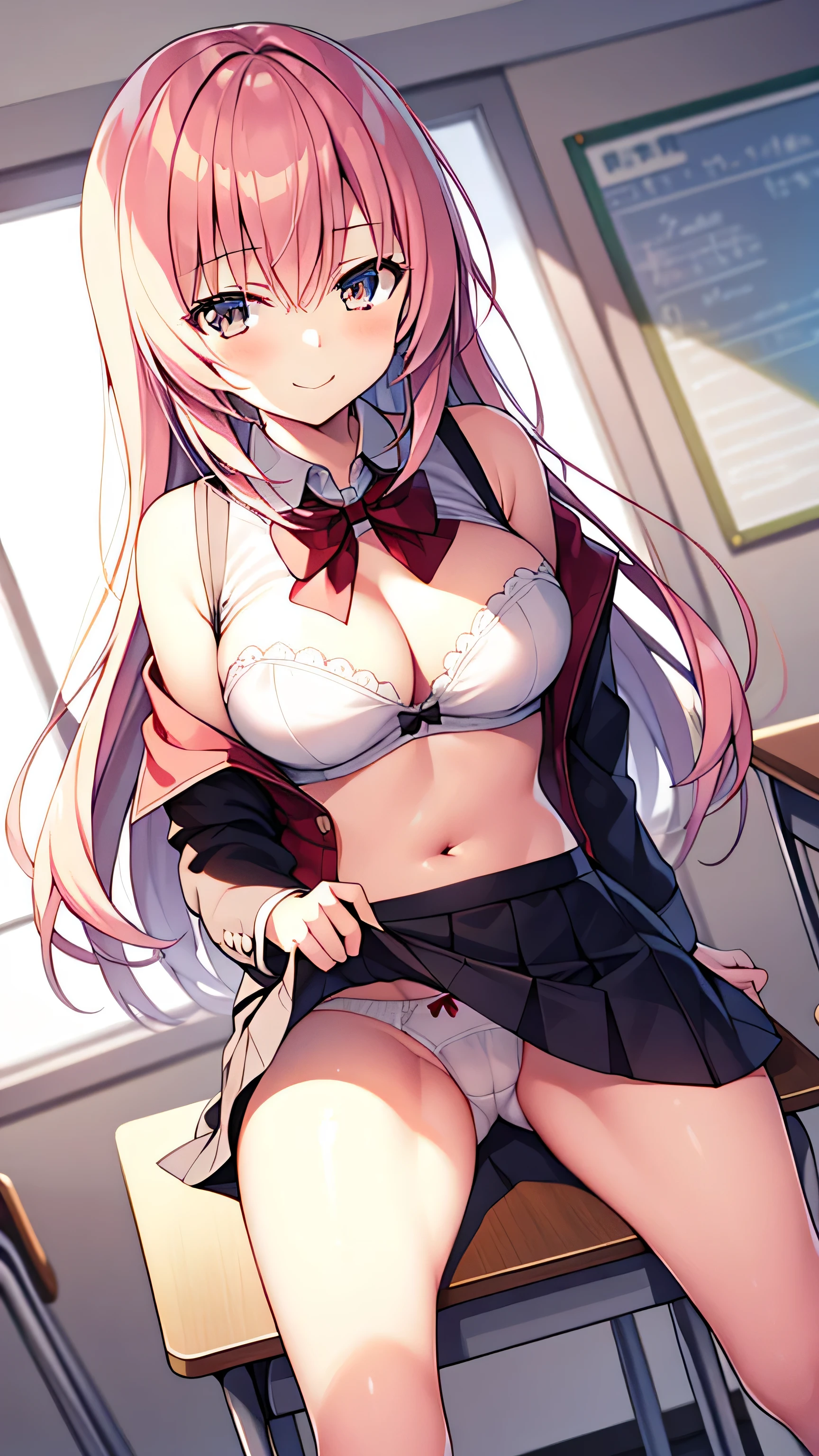 1 girl, underwear, skirt, alone, underwear, Chest, classroom, shirt, bow, lexistg_hair, white_, skirt_lift, existindoor, Smile, Open_clothing, bowtie, navel, watch_exist_audience, clothing_lift, white_shirt, table, School_, blush, School_table, Bangs, yellow_hair, pleexisted_skirt, blackboard, No_OK, disseminate_leg, Brown_Eye, Jacket, Red_bow, Open_shirt, lifted_go through_Mine, closure_Mouth, Red_bowtie, collaRed_shirt, lexistg_sleeve, side lock, Comfortable_Chest, Dutch_angle, skirt_shirt, sitting, leave_Shoulder, big leg, Open_Jacket, Stomach, exist_table, suit, flashing, chair, Black_skirt, 