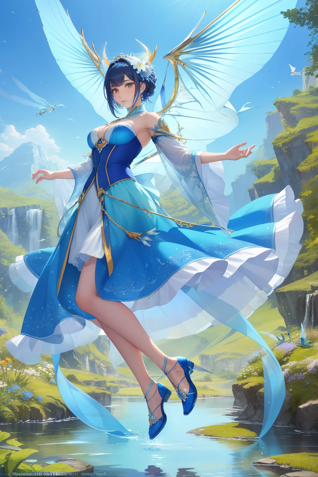 In the heart of a serene and picturesque landscape, a blue frog with exquisitely white and intricately detailed wings graces the scene. The frog's large, round and beautifully detailed orange eyes gleam with vitality, while its superbly detailed anatomy showcases the perfection of its form. The vibrant colors and vivid hues adorning the frog's body add an extra touch of allure and charm.
Suspended effortlessly in the air due to its aerodynamic flight, this enchanting creature cuts an otherworldly figure against the backdrop of a realistic and photorealistic landscape. A tranquil river, teeming with life
