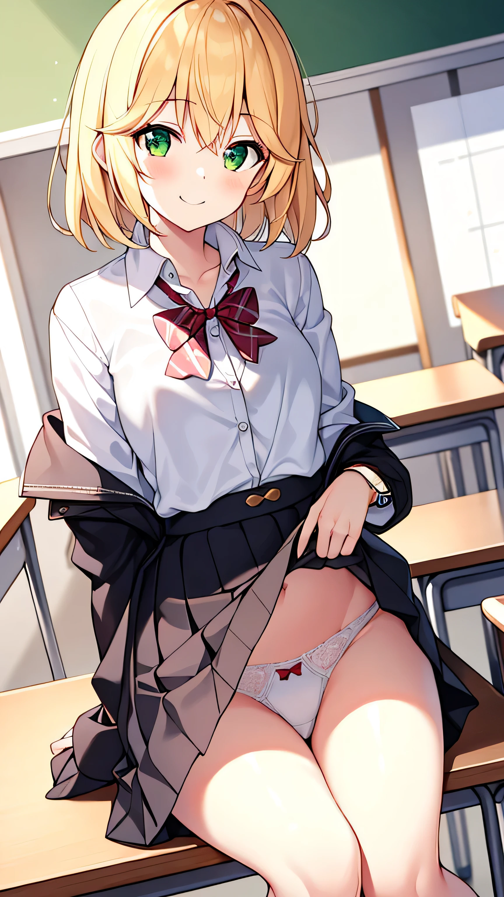 1 girl, underwear, skirt, alone, underwear, Chest, classroom, shirt, bow, lexistg_hair, white_, skirt_lift, existindoor, Smile, Open_clothing, bowtie, navel, watch_exist_audience, clothing_lift, white_shirt, table, School_, blush, School_table, Bangs, yellow_hair, pleexisted_skirt, blackboard, No_OK, disseminate_leg, Brown_Eye, Jacket, Red_bow, Open_shirt, lifted_go through_Mine, closure_Mouth, Red_bowtie, collaRed_shirt, lexistg_sleeve, side lock, Comfortable_Chest, Dutch_angle, skirt_shirt, sitting, leave_Shoulder, big leg, Open_Jacket, Stomach, exist_table, suit, flashing, chair, Black_skirt,