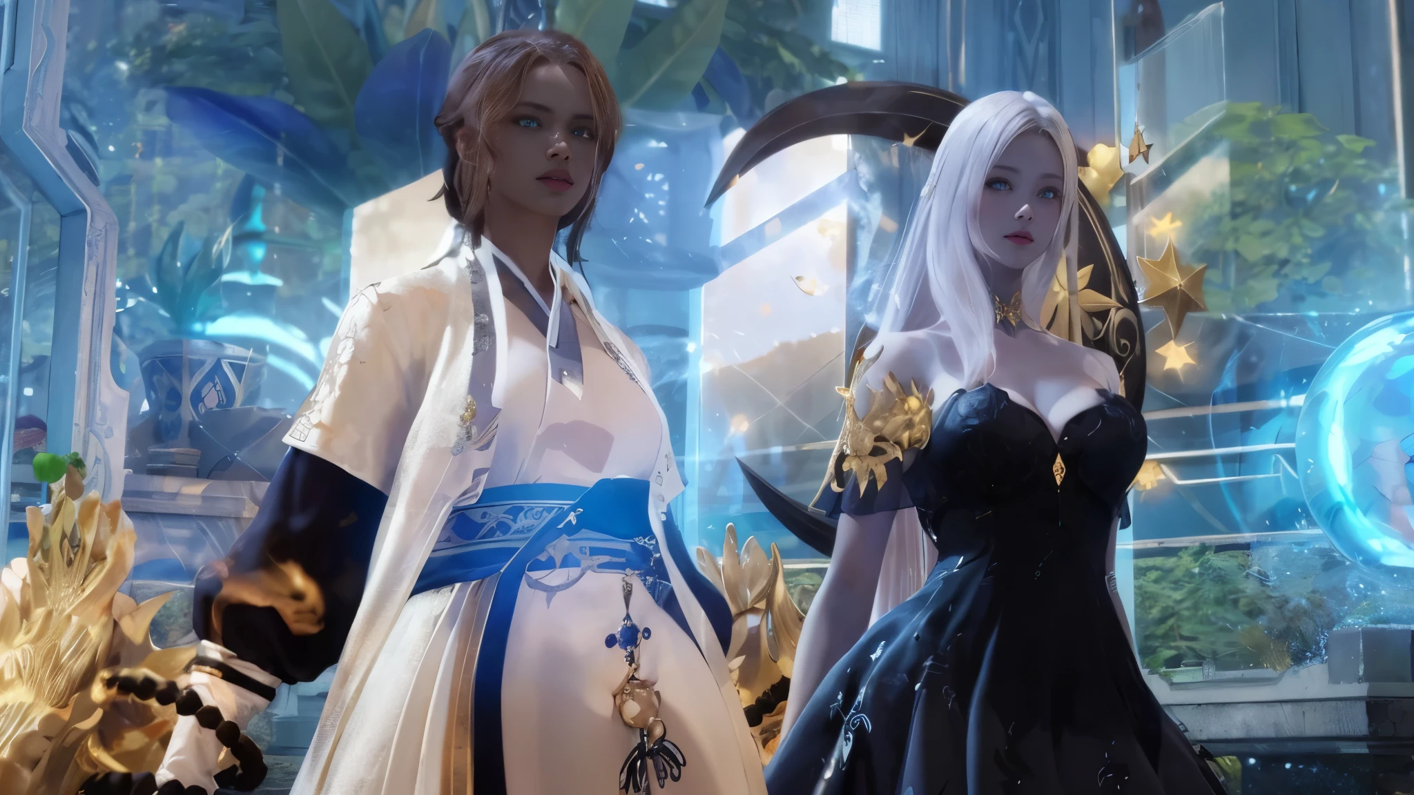 personnages d'anime dressed in costumes standing in front of a window, lunar themed outfit, Dark blue and white dresses, blade and soul, White and gold priestess dresses, asya yoranova et alan lee, robes fantaisistes complexes, wlop et sakimichan, Gold and white dresses, White and gold dresses, nixeu et sakimichan, robes fluides ornées