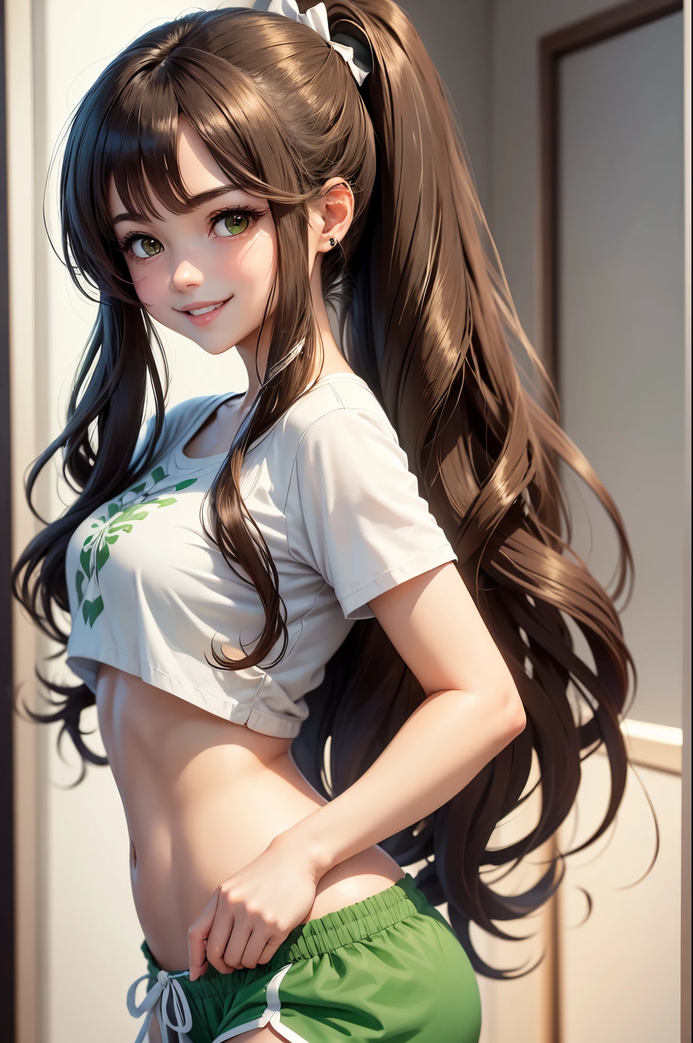 Masterpieces, best quality, 1 girl, anime character style, dark brown long hair, hairstyle ponytail with white bow, white shirt and light green shorts, her smile and look at viewer,