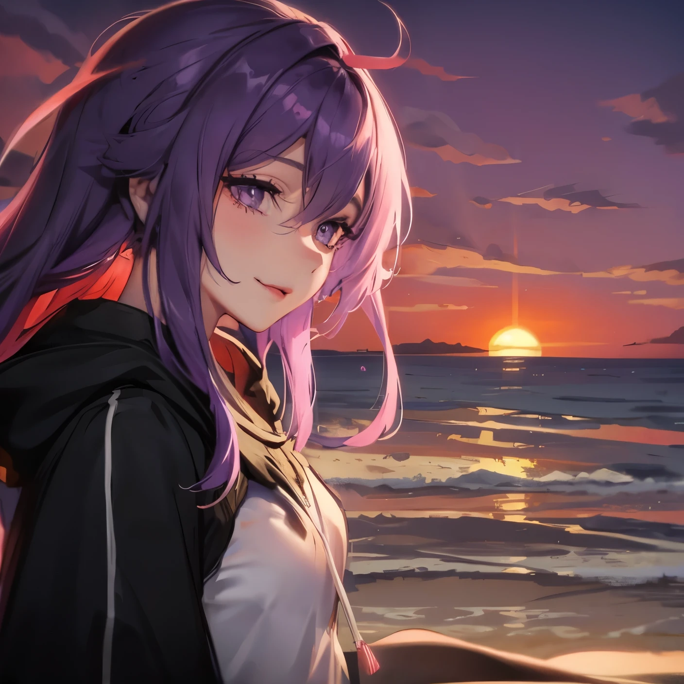 beach,seaside,Sunset,purple hair,purple eyes,Black sweatshirt