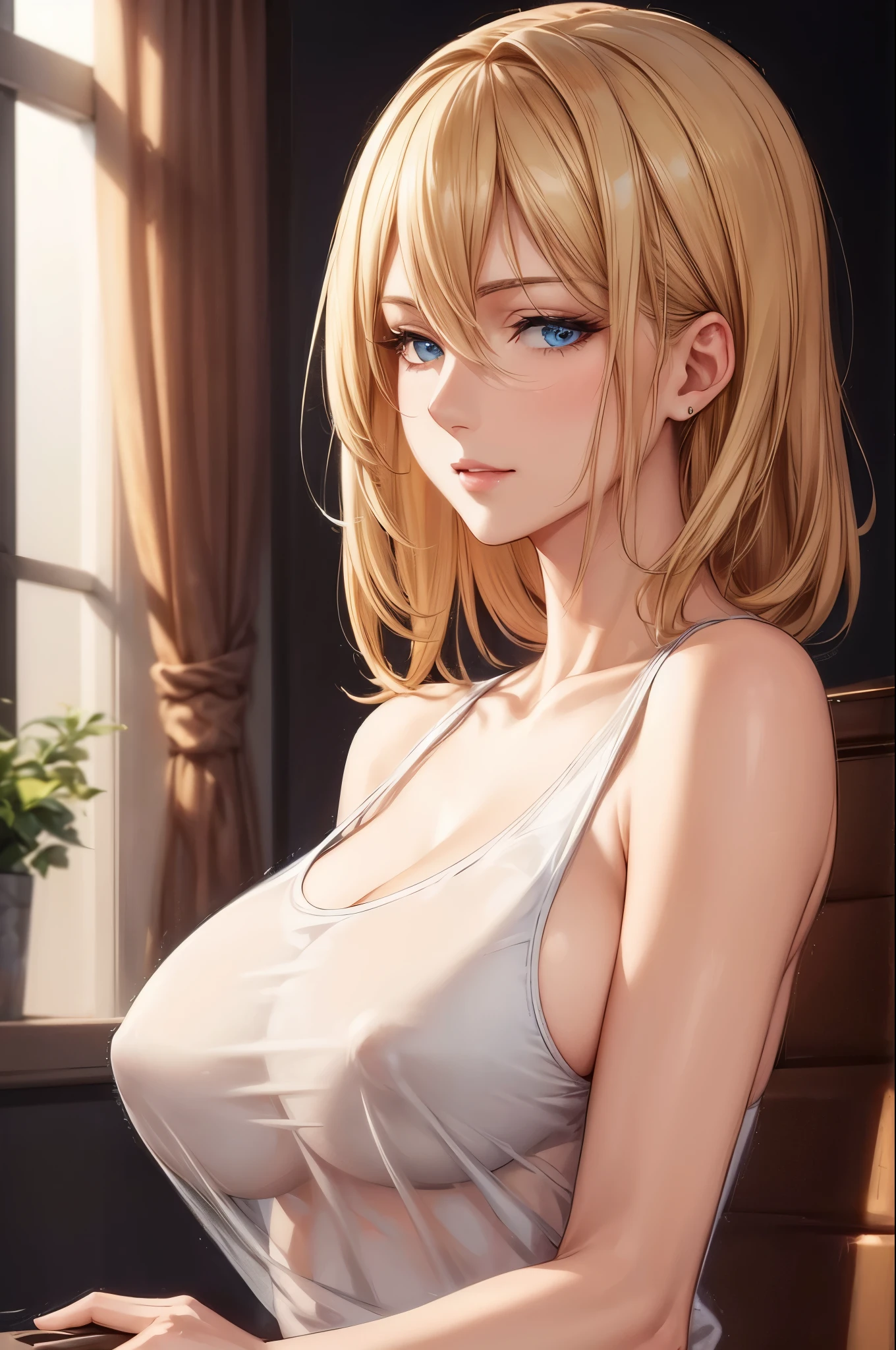 (best quality, highres, photorealistic), portrait, elegant mature woman, blue eyes, long hair, swept-side bang, blonde hair, transparent see through tank top, big breast, ultra detailed cg 8k, beautiful cg, soft light