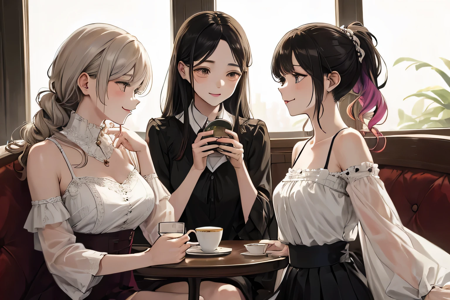 highest quality、High resolution、detailed background、Beautiful and dense face、beautiful and smooth skin、skin texture、cute10代の美少女、(three women)、realistic、perfect body line、braided ponytail、cute髪型、Calm atmosphere、
happy look、smile、laughter、sexual expression、Upper body、Tea time at the cafe、(three womenが可愛いカフェでおしゃべりを楽しみながらケーキやスイーツを味わう:1.5)、
Choose lace tops and flared skirts in white or pastel colors.、sandals or heels、
If the lace top is see-through, Wear it elegantly by layering it with an inner camisole..、
Choose a lace blouse in a soft color and add feminine movement with a pleated skirt.、
Adding lace to the sleeves and collar of the blouse makes it even more cute.、
Choose a colorful lace camisole、Add elegance with a midi skirt。、cute