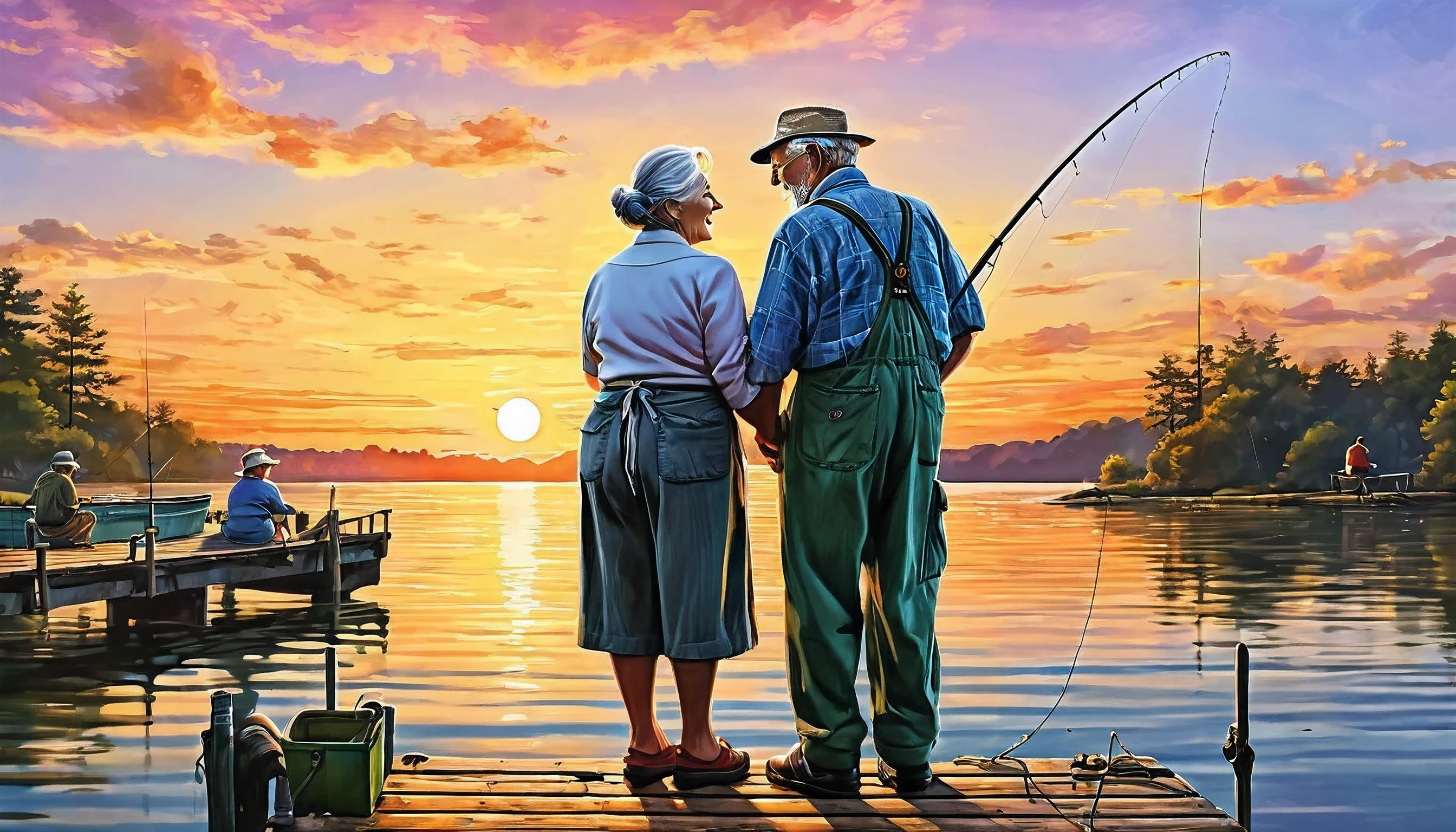 a masterpiece, ultra detailed, colorful, high resolution illustration of an older fisherman husband and wife, fishing on the dock, in love, soft strokes, drawn by ink, greatest attention to details with masterclass strokes, with a sunset background