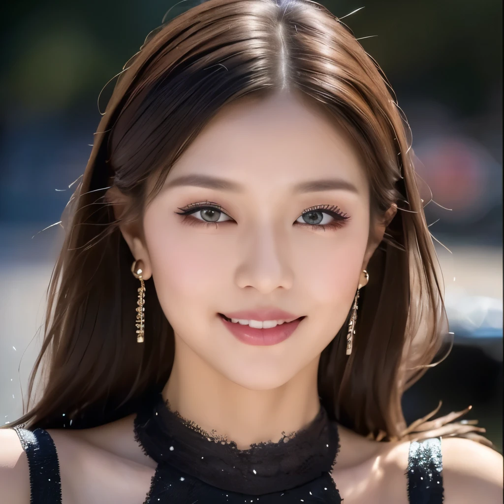 ((highest quality, 8K, masterpiece :1.3)), 1 girl, smile, full body, slim face, Beautiful woman, (dark brown hair), evening dress :1.1, super detailed face, fine eyes, double eyelid, blur background, slim face, city, outside, street,