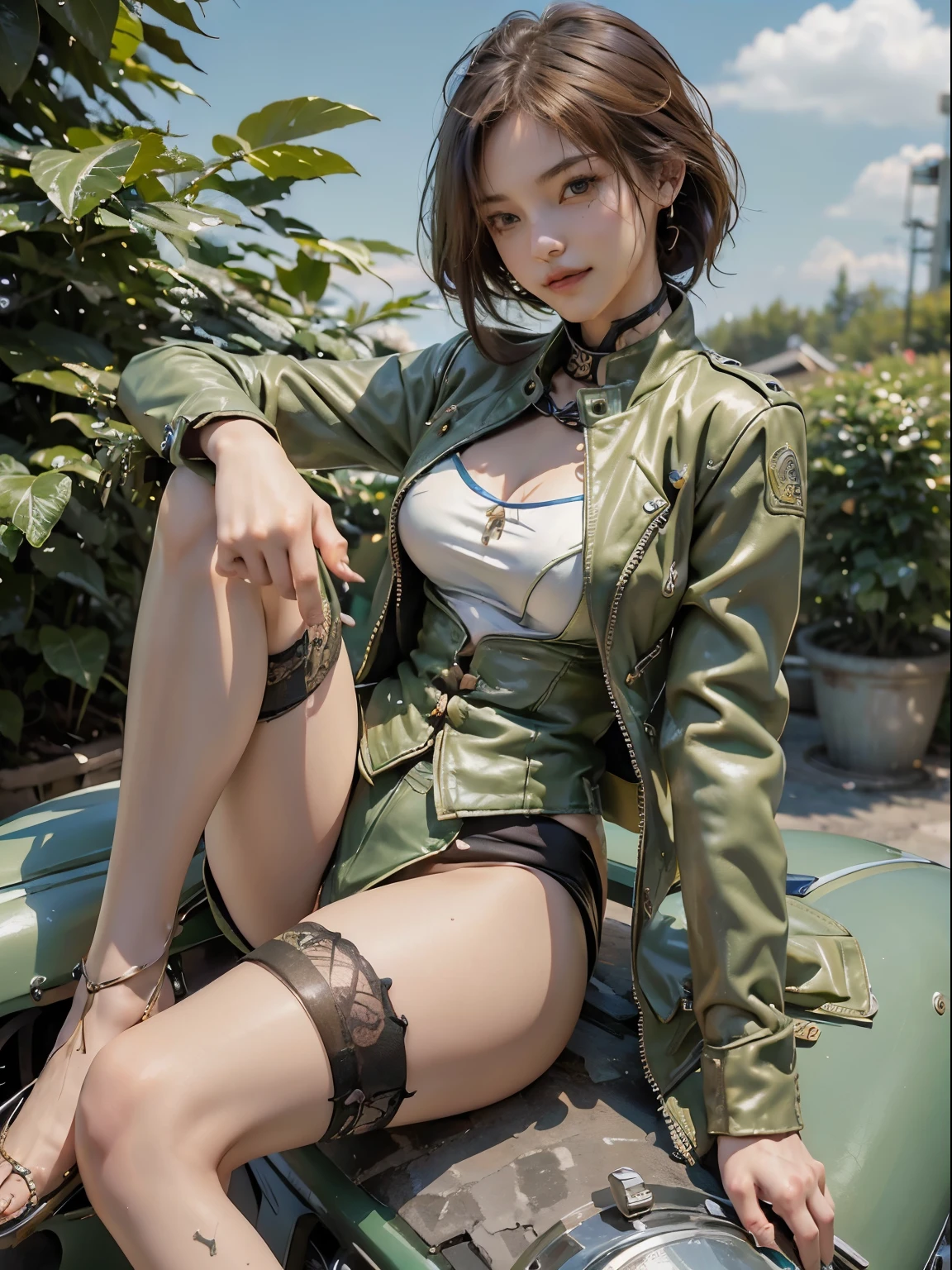 ((highest quality)), ((masterpiece)), ((perfect face))、(detailed motorcycle)、Realistic photos down to the last detail、((Woman straddling a motorcycle))、slender body、Green riding jacket and long leather pants、smile、short hair