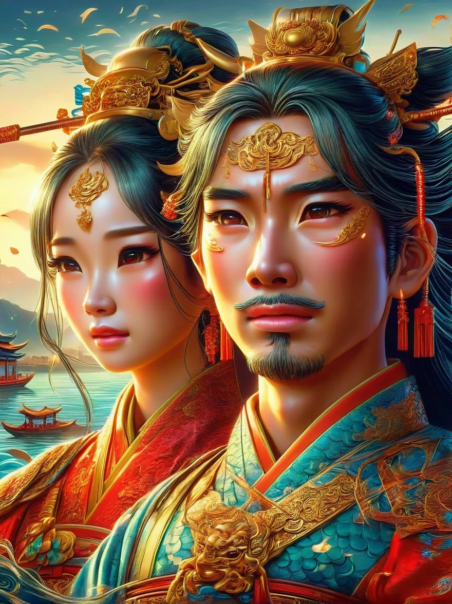 Chinese general and beautiful concubine standing by the river，Both of them had tears on their faces，Sadness and crying。((The general holds his sword to his neck:1.5))，despair，((The princess burst into tears beside him))，sad scene，downpour，Emphasizing the extent of their tragedy and the emotional depth of their farewells，traditional Chinese attire, and emotional expressions should all contribute to a vivid portrayal of their tearful, heartbreaking moment.