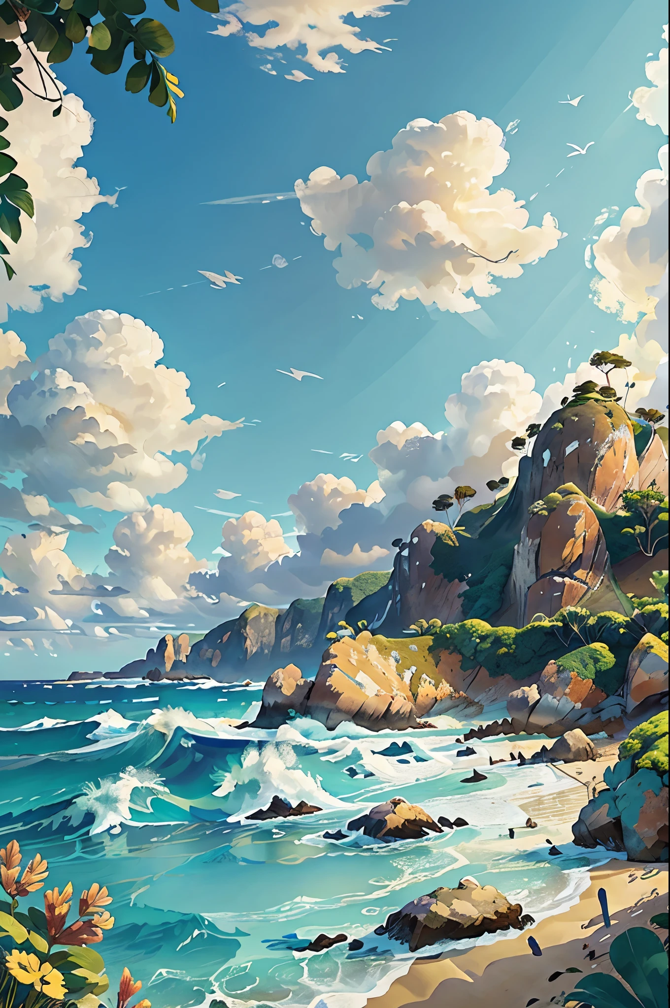 beautiful beach，distant islands，few clouds，super wide angle，You can see the waves，You can see the endless sea，blue sky，masterpiece，Top，Super A high resolution，8K，children&#39;s picture books，illustration，looking down，Sky view