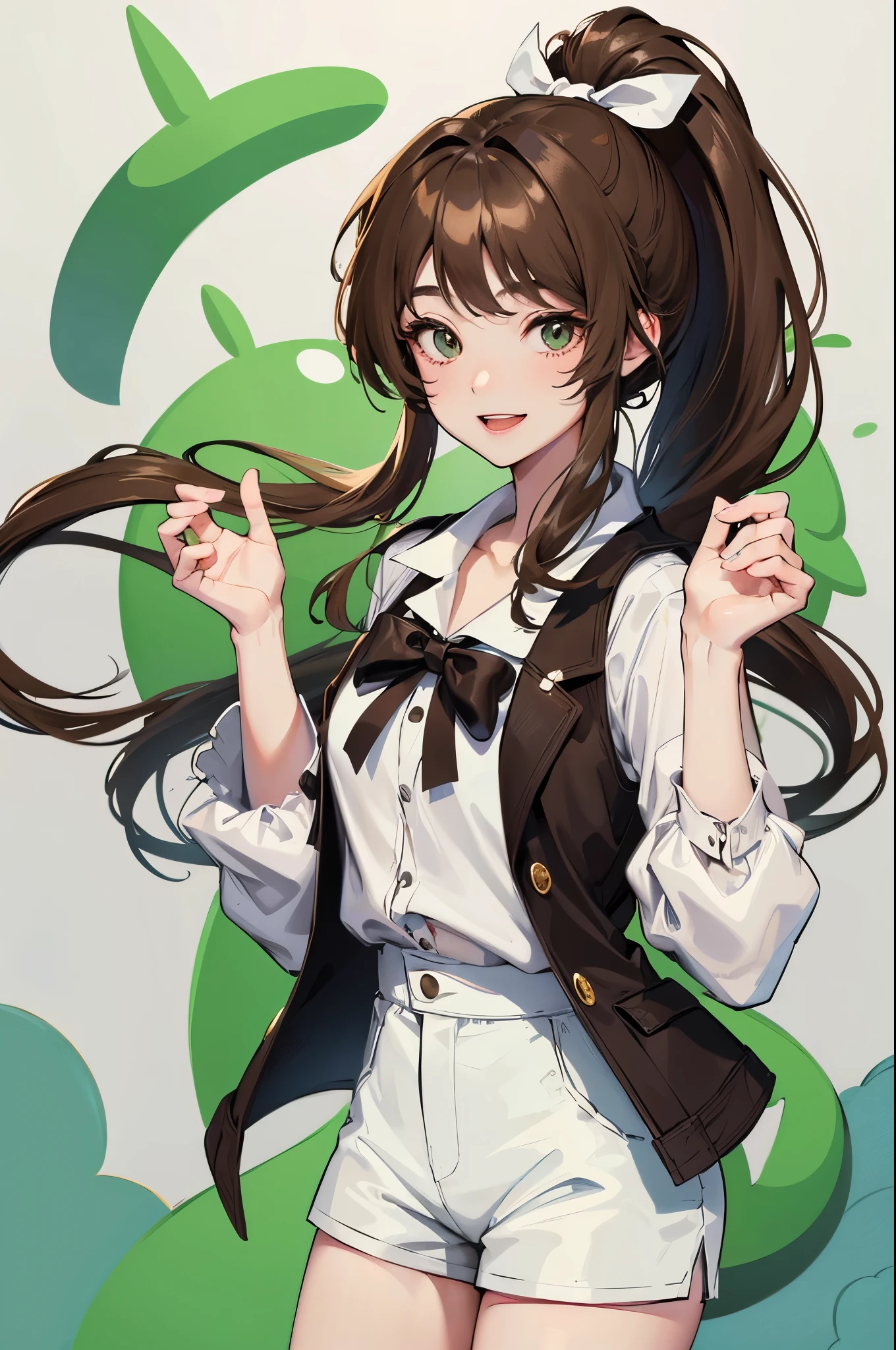 Masterpieces, best quality, 1 girl, anime character style, dark brown long hair, hairstyle ponytail with white bow, white shirt and light green shorts, her smile and look at viewer,