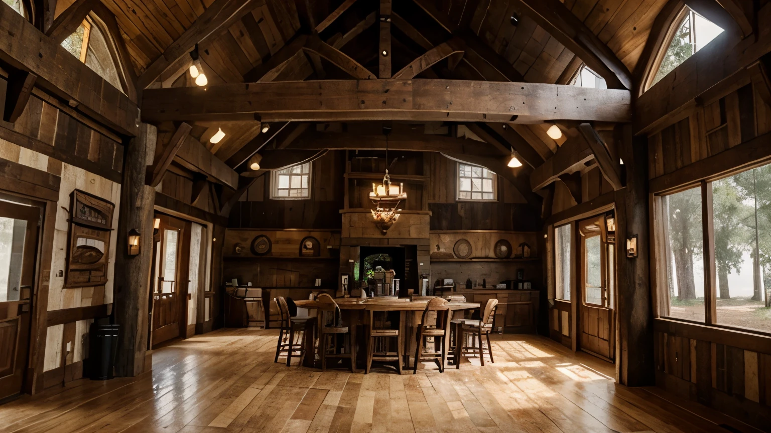 image of rustic style cafe, round floor plan, impressive curves, old wood, quality, retro, in the middle of pine hills, fog, UHD, 4k, super realistic