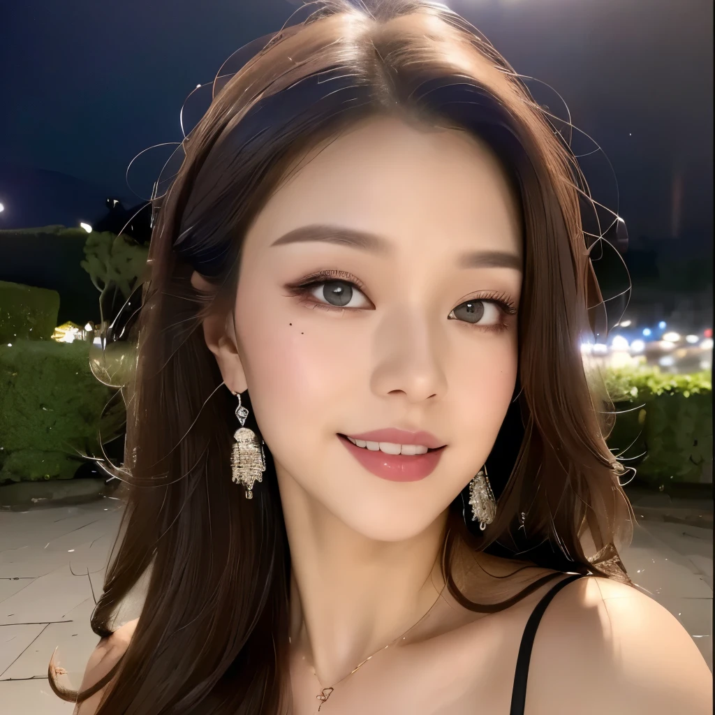 ((highest quality, 8K, masterpiece :1.3)), 1 girl, smile, full body, slim face, Beautiful woman, (dark brown hair), evening dress :1.1, super detailed face, fine eyes, double eyelid, blur background, slim face, city, outside, street,