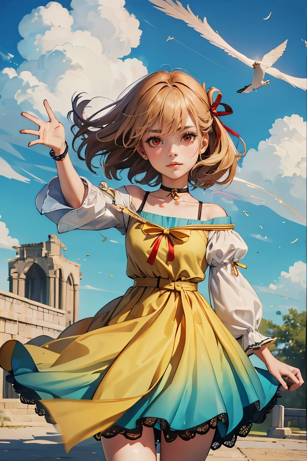 1 girl, chisato nishikigi, gold hair, fantasy world, ruins, folk, beautiful sky, shining sky, sunshine, smiling, waving, ribbon belt, ribbon choker, black choker, ribbon, hair ribbon, wind blowing dress, lace dress, blue camisole, white sweater, half-sleeves, off-shoulder sleeves