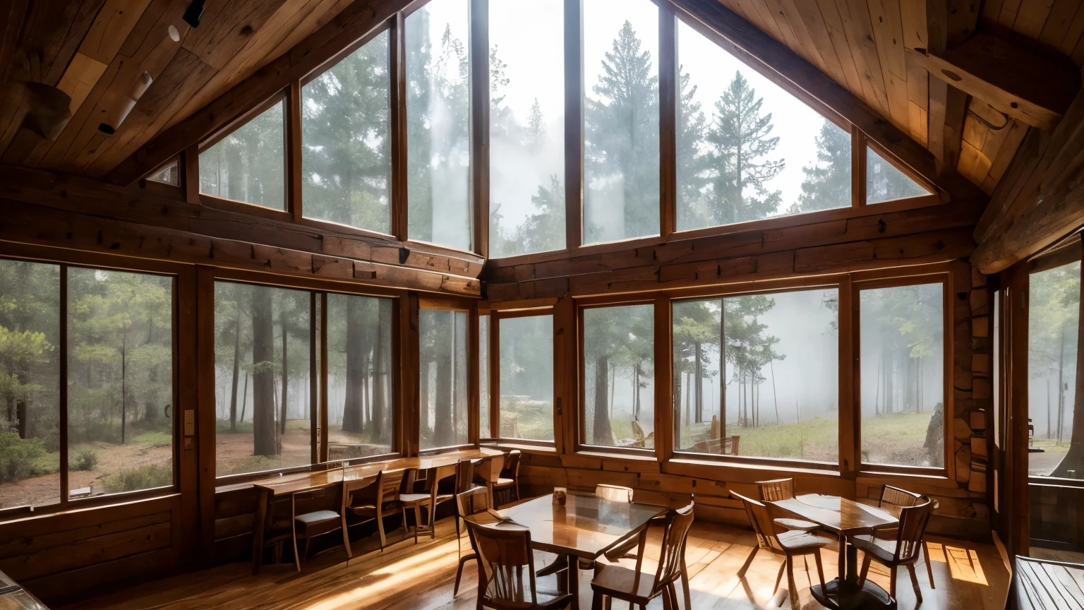 The exterior image of the cafe looks like a rustic but luxurious cabin house in the middle of a pine forest, wide and airy glass windows, round floor plan, impressive curves, old wood, quality, retro, in the middle of pine hills, fog, UHD, 4k
