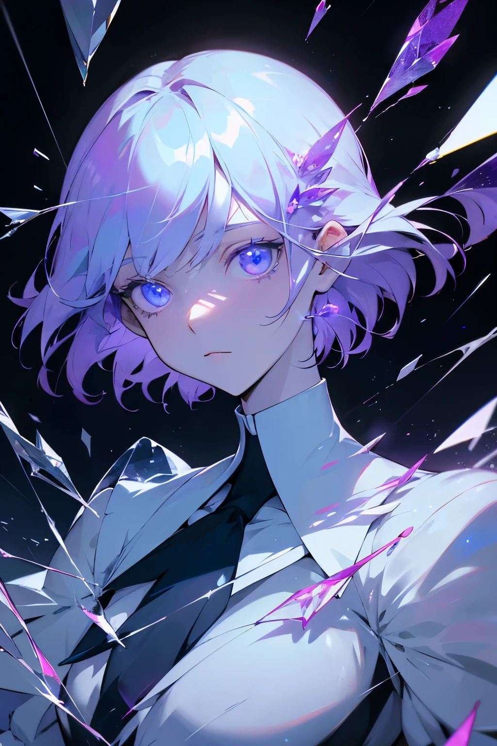 houseki no kuni, upper body, glass debris, cracked skin, glowing cracks, crystal, purple
