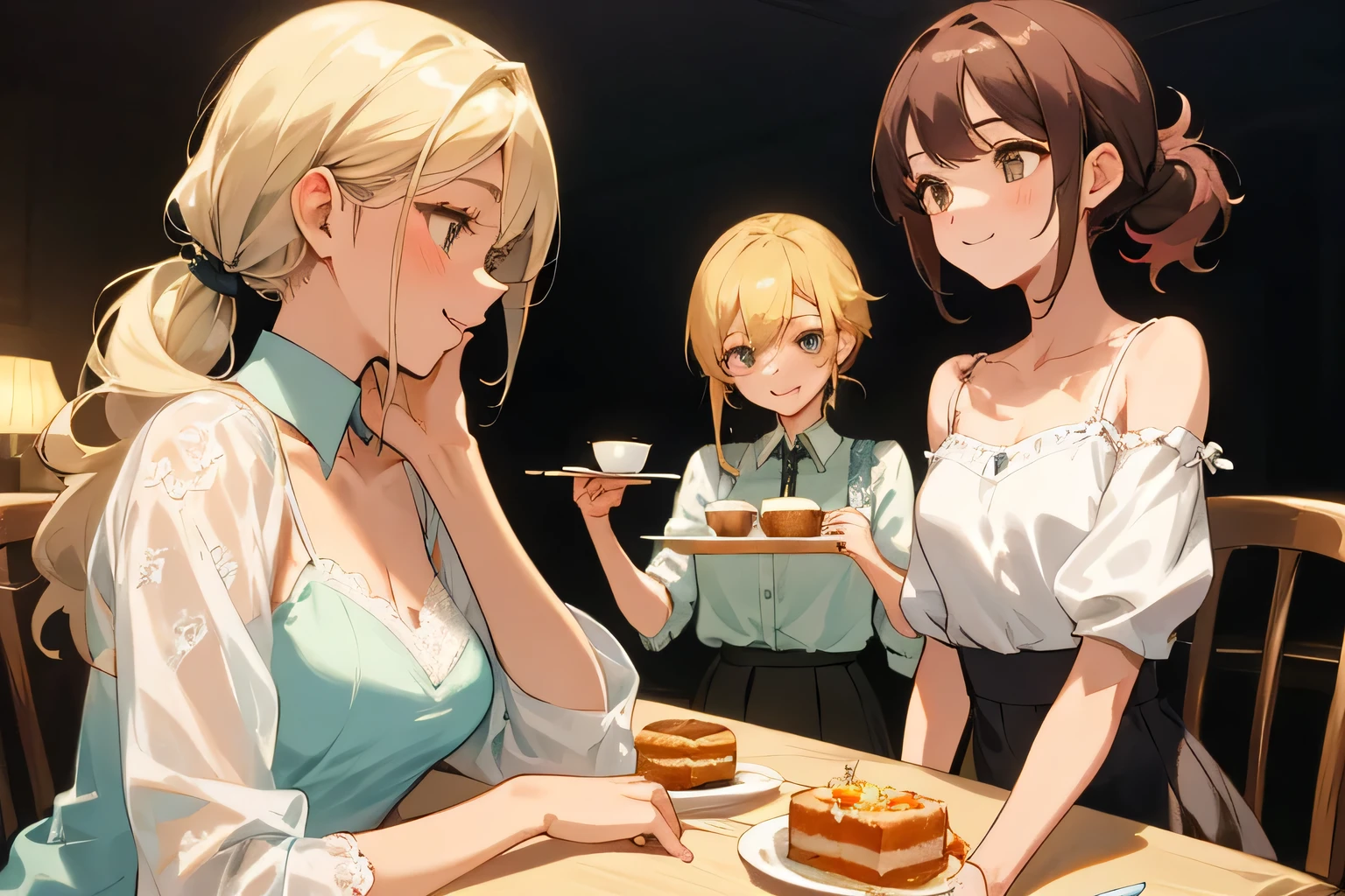 highest quality、High resolution、detailed background、Beautiful and dense face、beautiful and smooth skin、skin texture、cute10代の美少女、(three women)、realistic、perfect body line、braided ponytail、cute髪型、Calm atmosphere、
happy look、smile、laughter、sexual expression、Upper body、Tea time at the cafe、(three womenが可愛いカフェでおしゃべりを楽しみながらケーキやスイーツを味わう:1.5)、
Choose lace tops and flared skirts in white or pastel colors.、sandals or heels、
If the lace top is see-through, Wear it elegantly by layering it with an inner camisole..、
Choose a lace blouse in a soft color and add feminine movement with a pleated skirt.、
Adding lace to the sleeves and collar of the blouse makes it even more cute.、
Choose a colorful lace camisole、Add elegance with a midi skirt。、cute