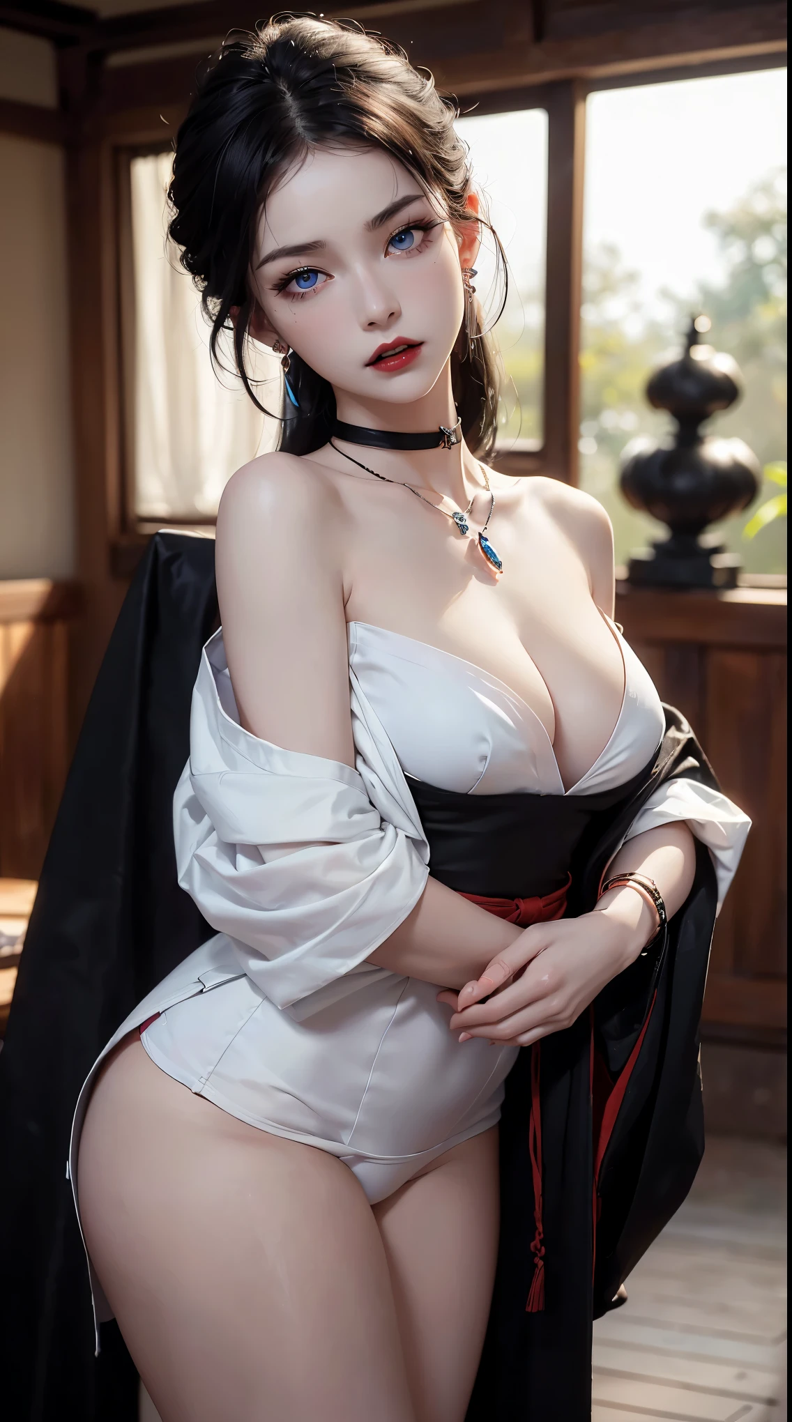1 beautiful woman, 20 years old, pale white skin, short black hair (with white highlights, multi-colored hair, very bright blue eyes (vampire eyes), perfect body, perfect abdomen, perfectly round butt, makeup, red lips, earrings, necklace ., choker, bracelets, accessories, wearing black kimono and red details, short and sexy kimono, shoulders, neckline, in a dojo, sexy pose, shy look and expression, (cinematic lighting), (masterpiece), (very detailed), (highly detailed facial expression), (realistic photo), (8K), (realistic skin, natural details)