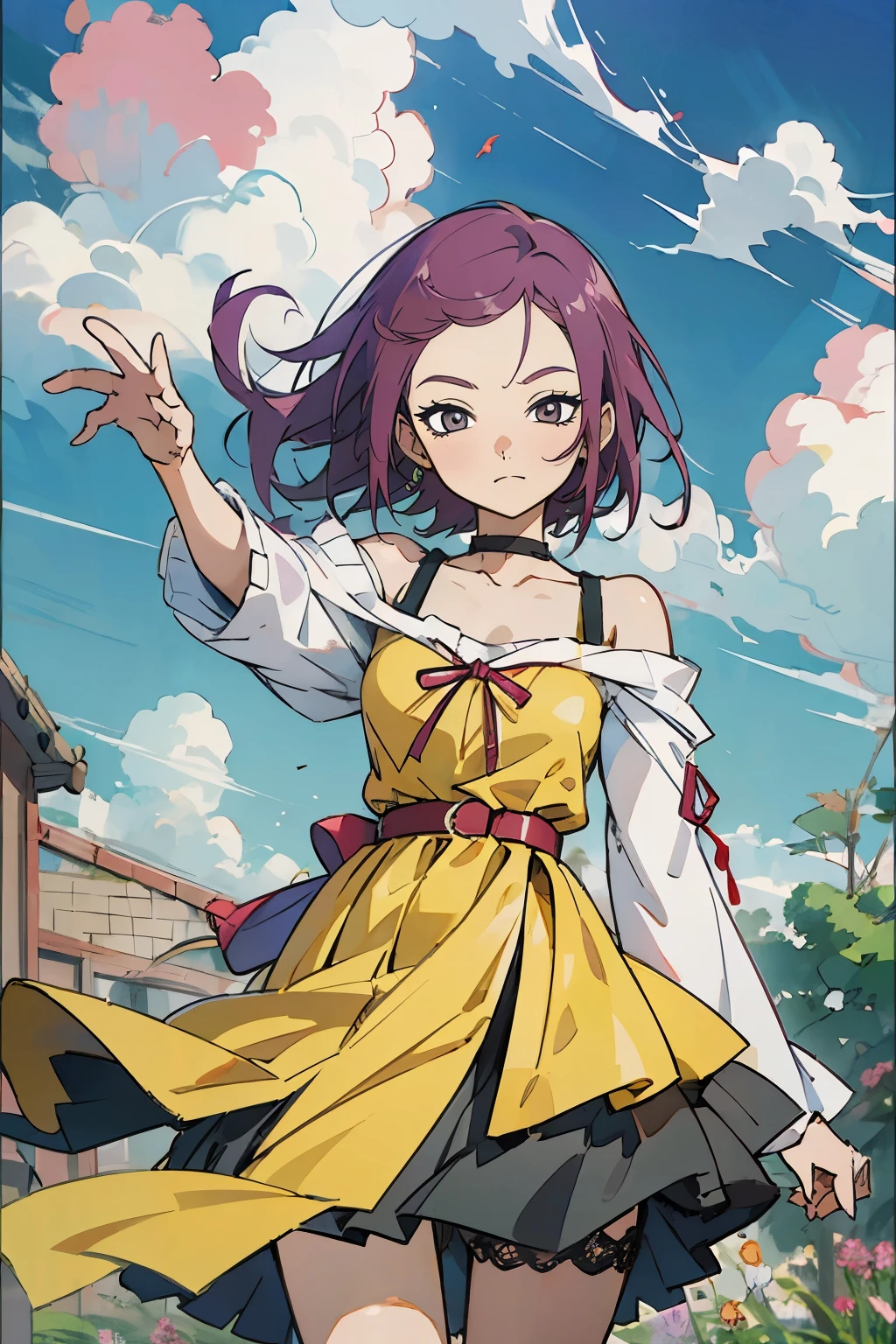 masutepiece, Best Quality, Ultra-detailed, Kisho, jigokuraku, 1 girl, reddish Purple hair, Gray eyes, showa town, Ruins, Bang, Beautiful sky, shining sky, Sunshine, Smiling, Waving, Black Belt, black choker, Dresses that blow the wind, black Lace dress, wool sweaters, Off-shoulder sleeves