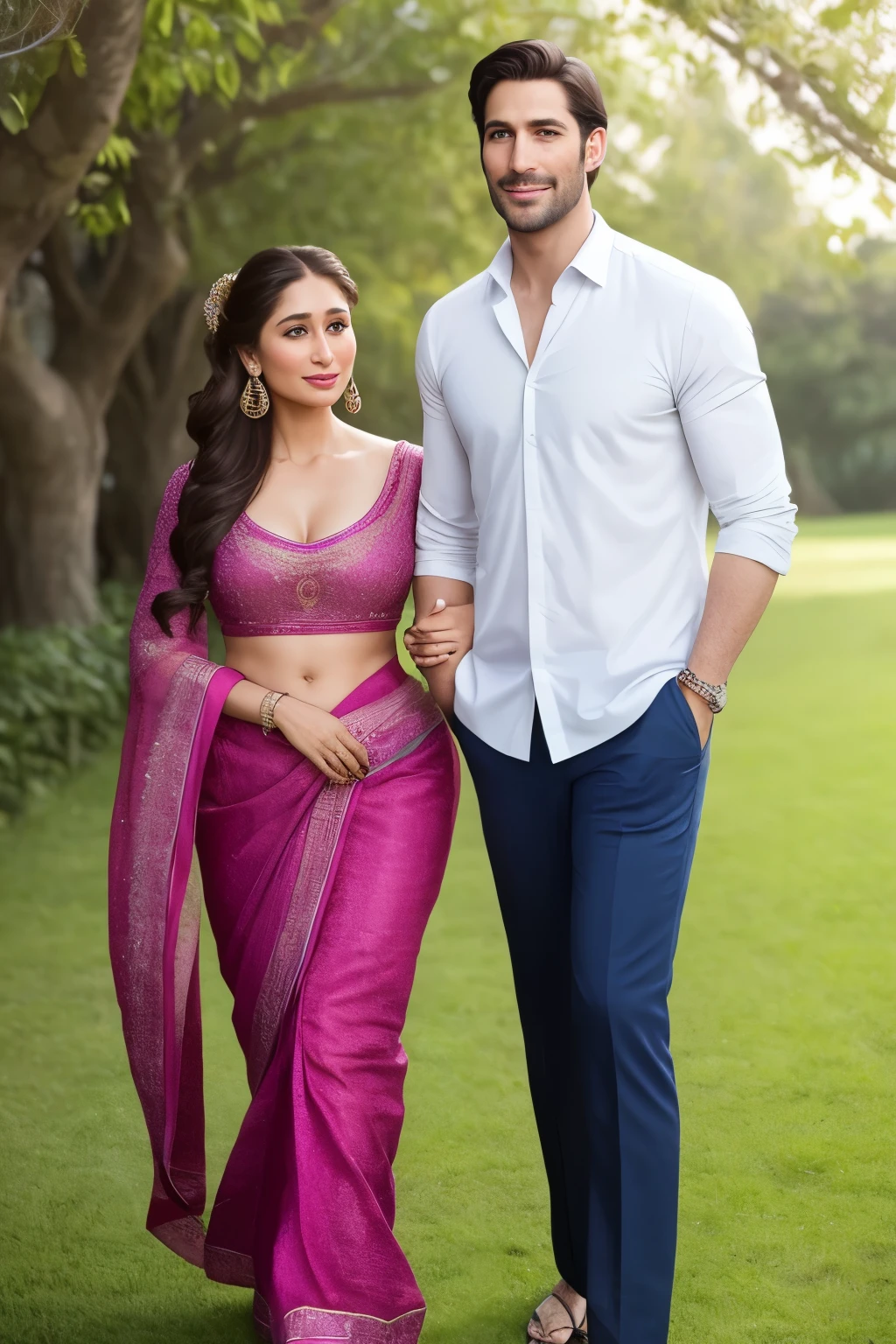 Realistic full body shot of a couple: The woman is a 26-year-old curvaceous beauty with an asymmetrical face akin to Kareena Kapoor's, adorned in a stunning lehanga and blouse. Her ample cleavage is accentuated by the low-cut neckline of her attire, and she wears a delicate earring that adds a touch of elegance to her appearance. Her partner is a tall, handsome man, standing beside her with a charming smile. The scene takes place in a lively lawn party setting under the cover of night. The woman's full lips are glossy and inviting, and her face is free of blem