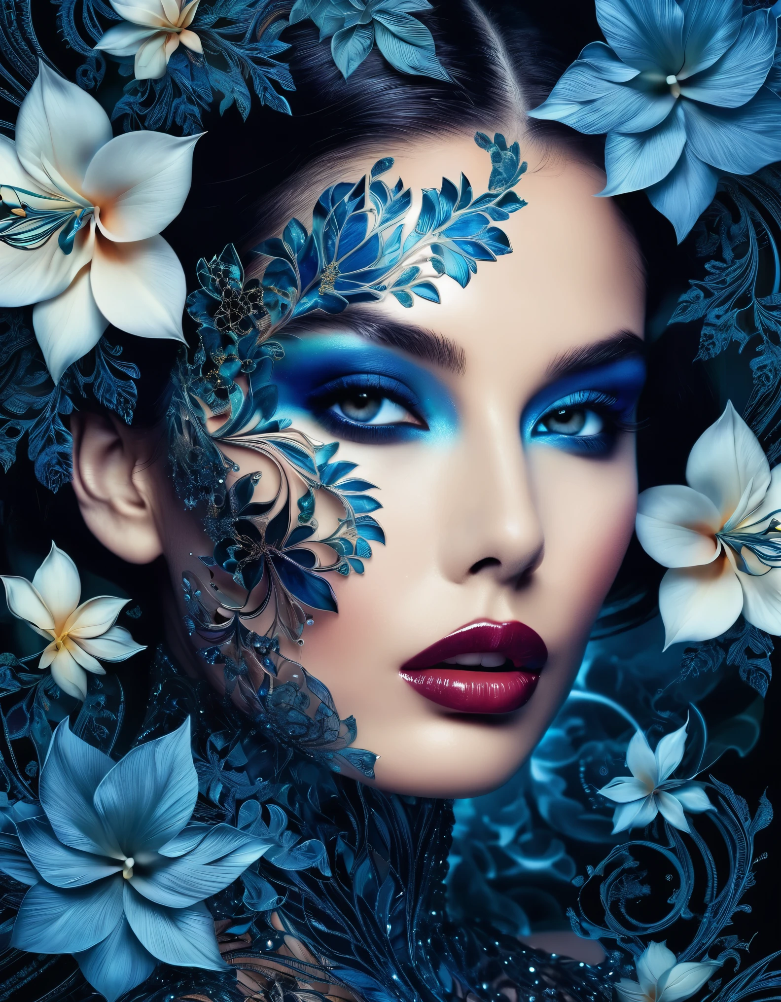 A captivating portrait of a woman with smoky eyes and glossy lips, surrounded by intricate floral designs and fractal elements.