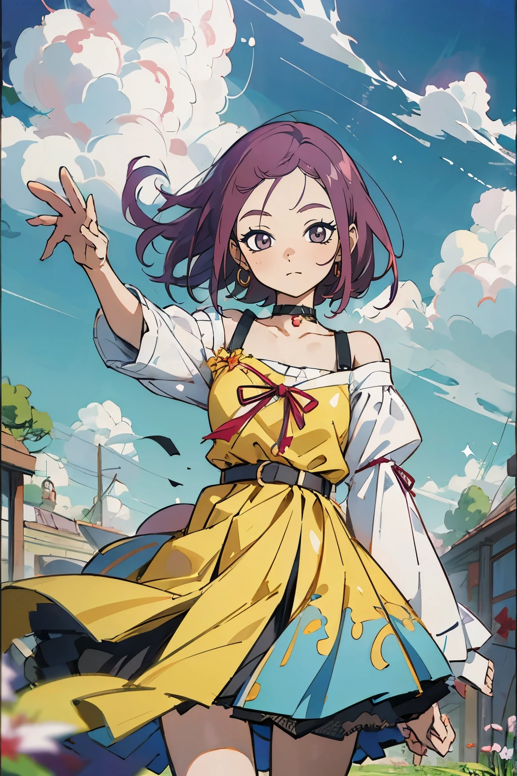 masutepiece, Best Quality, Ultra-detailed, Kisho, jigokuraku, 1 girl, reddish Purple hair, Gray eyes, showa town, Ruins, Bang, Beautiful sky, shining sky, Sunshine, Smiling, Waving, Black Belt, black choker, Dresses that blow the wind, black Lace dress, wool sweaters, Off-shoulder sleeves